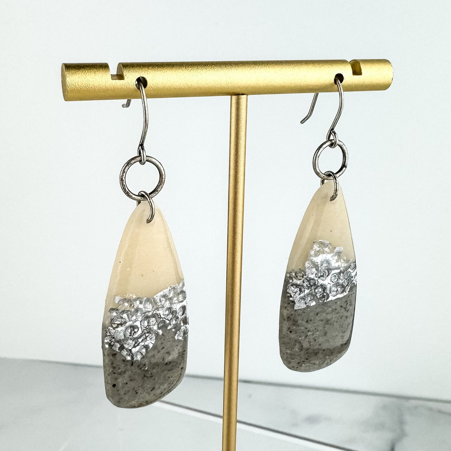 Gray & Neutral, Hammered Silver Look Clay Dagger Shape Drop Earring | Textured Clay Dangle Earring | Lightweight Statement Clay Earring