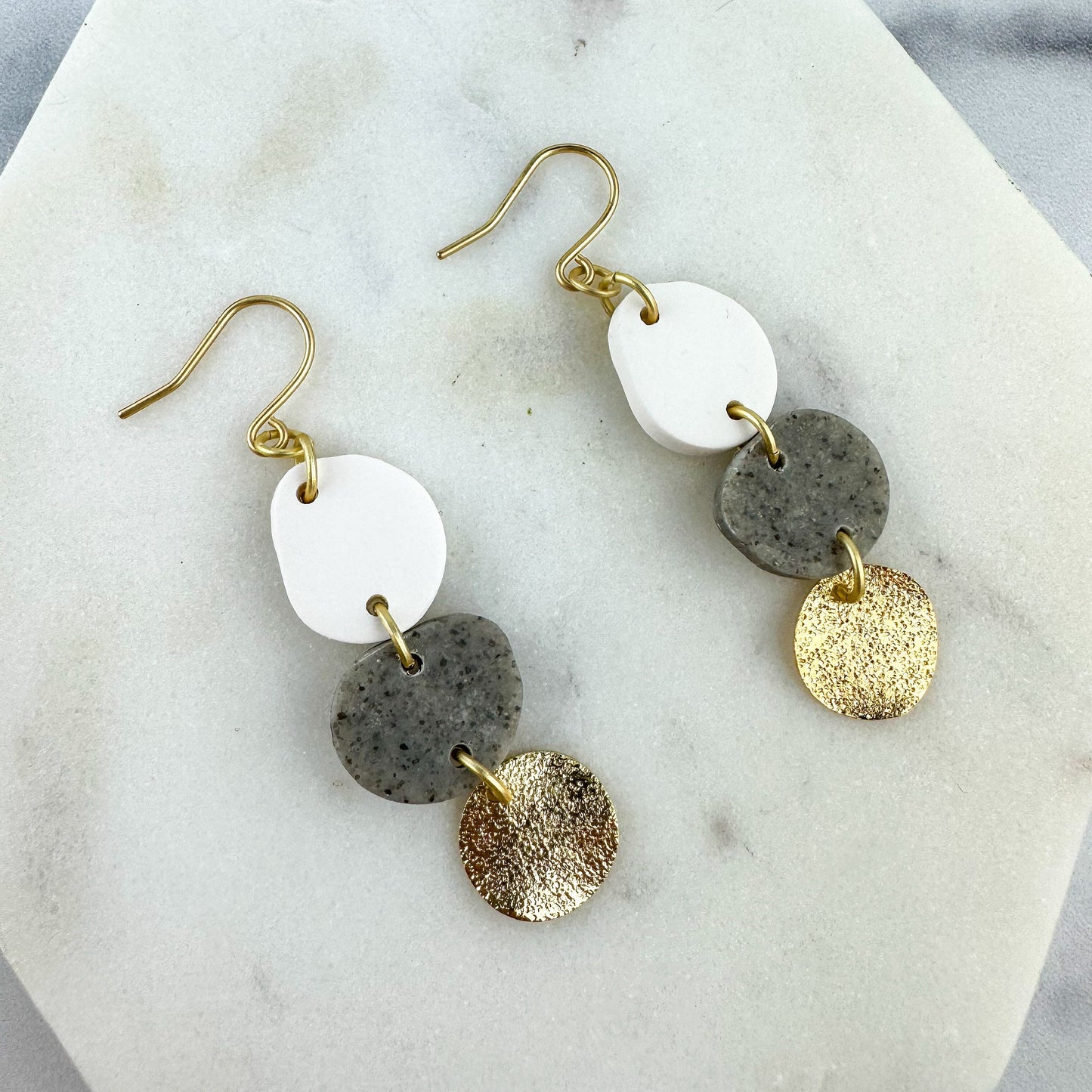 Trinity Earring | Neutral Clay Earring | Gold Dangle Earring | Light Shine Jewelry | Lightweight Everyday Earring | White and Gray Drop