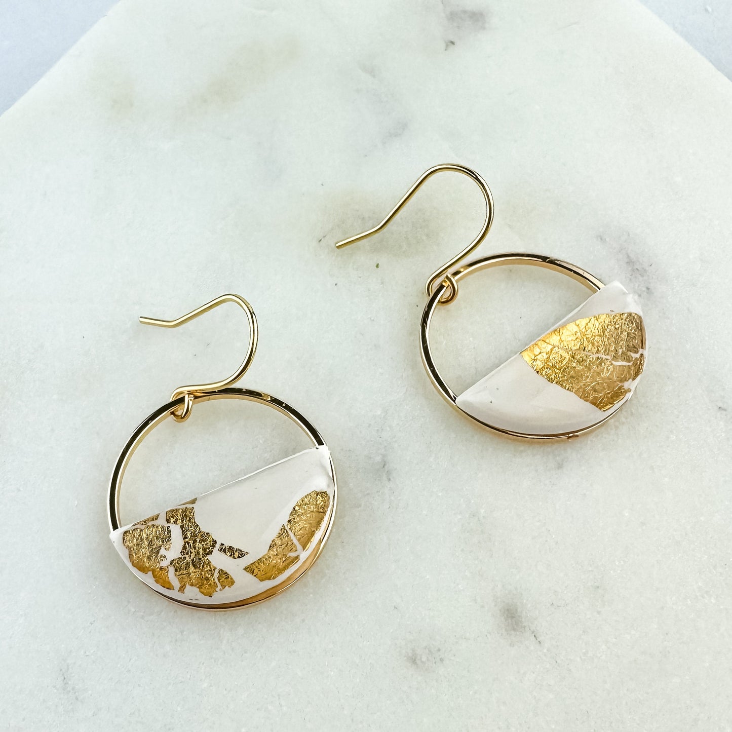 Half Circle Clay Statement Earring, White and Gold Leaf Clay Drop Earring, Modern Lightweight Clay Earring, Light Shine Jewelry
