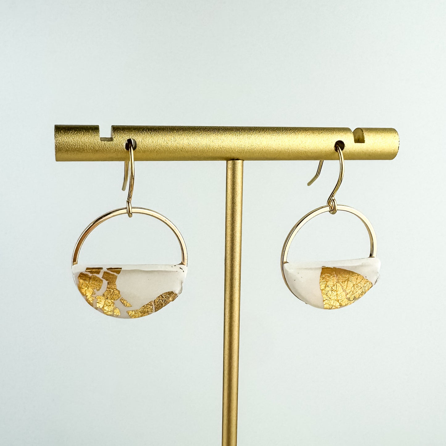 Half Circle Clay Statement Earring, White and Gold Leaf Clay Drop Earring, Modern Lightweight Clay Earring, Light Shine Jewelry