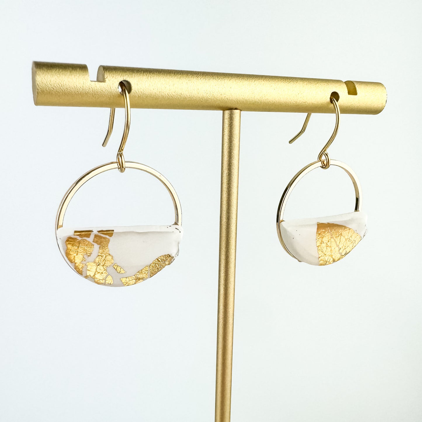 Half Circle Clay Statement Earring, White and Gold Leaf Clay Drop Earring, Modern Lightweight Clay Earring, Light Shine Jewelry
