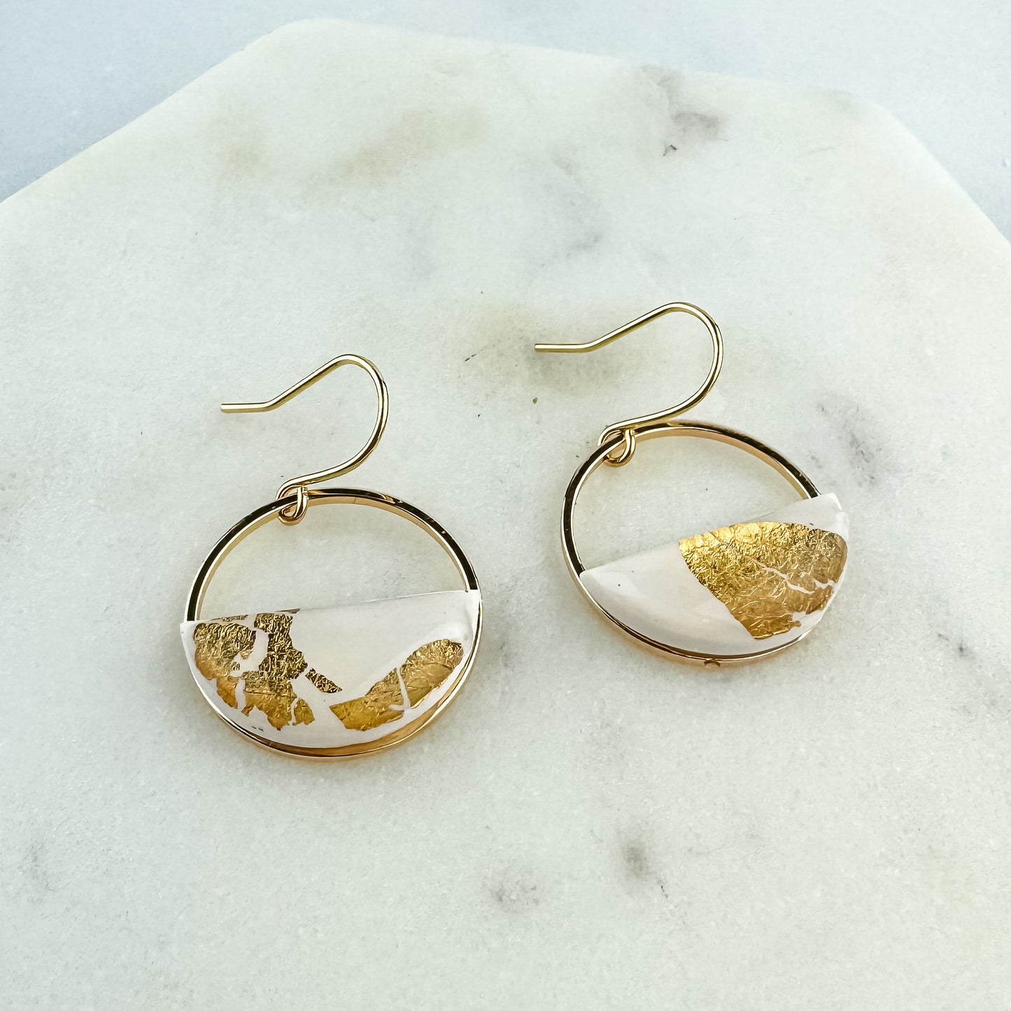 Half Circle Clay Statement Earring, White and Gold Leaf Clay Drop Earring, Modern Lightweight Clay Earring, Light Shine Jewelry