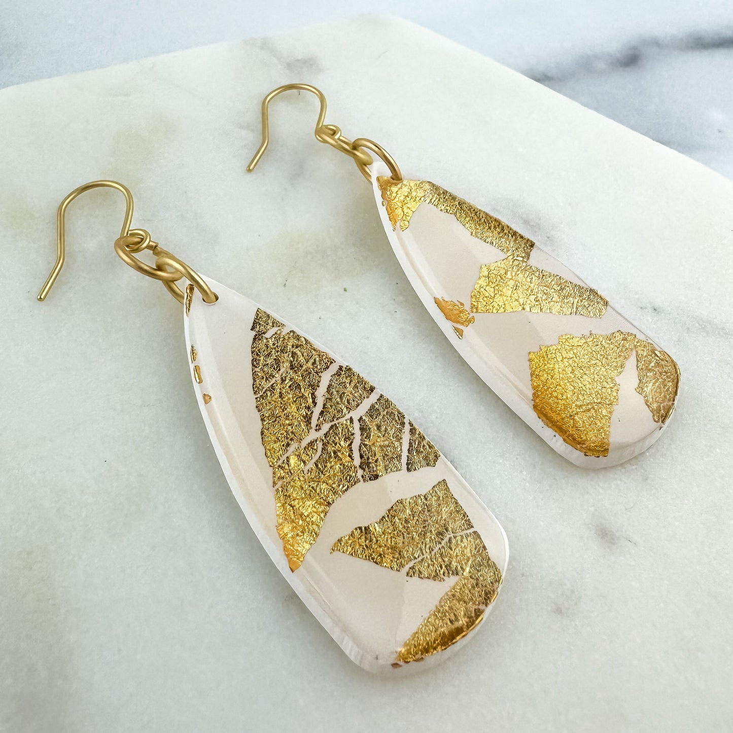 White & Gold Clay Dagger Shape Drop Earring | Textured Clay Dangle Earring | Lightweight Statement Earring | Nickel-free Clay Dangle