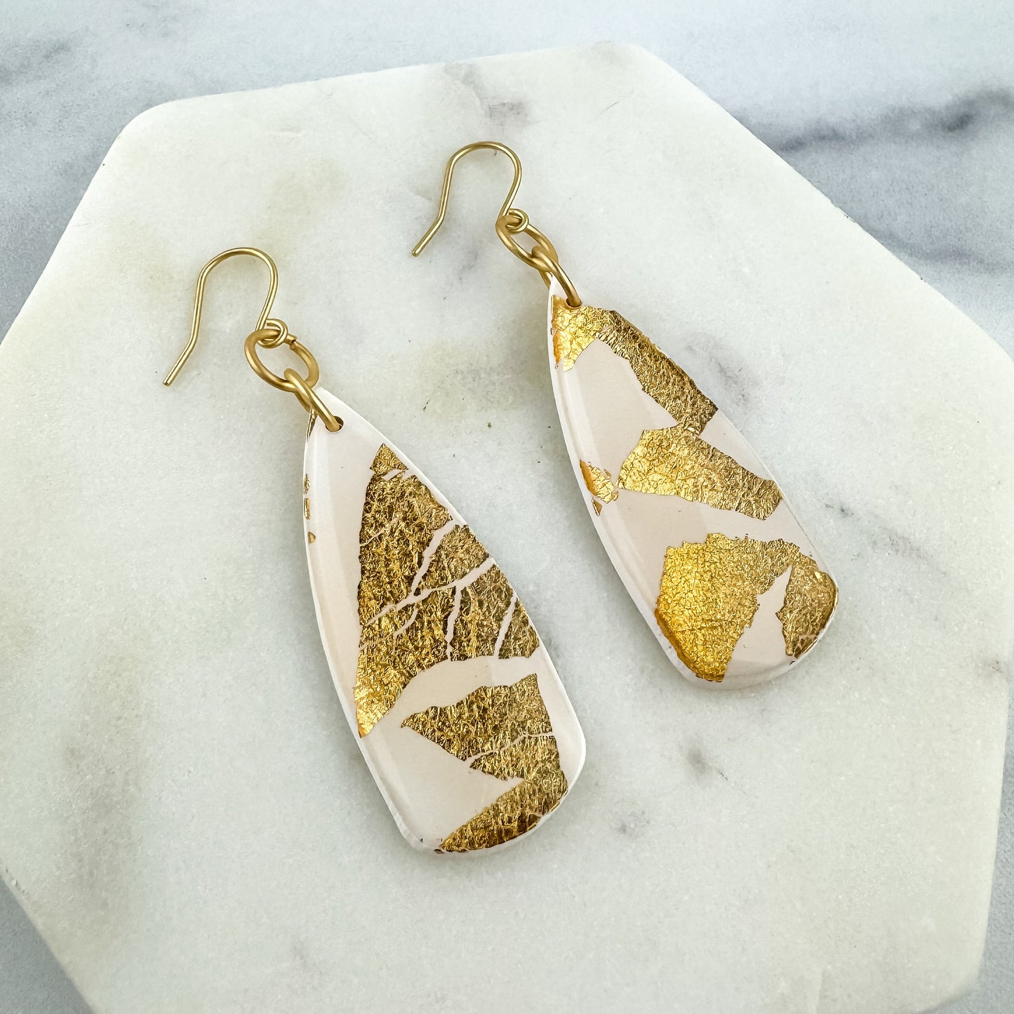 White & Gold Clay Dagger Shape Drop Earring | Textured Clay Dangle Earring | Lightweight Statement Earring | Nickel-free Clay Dangle