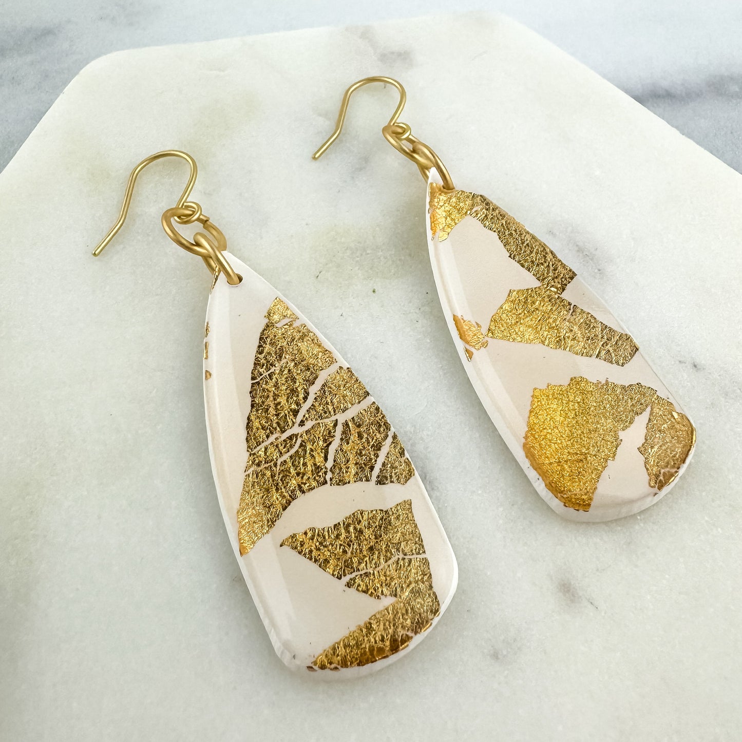 White & Gold Clay Dagger Shape Drop Earring | Textured Clay Dangle Earring | Lightweight Statement Earring | Nickel-free Clay Dangle