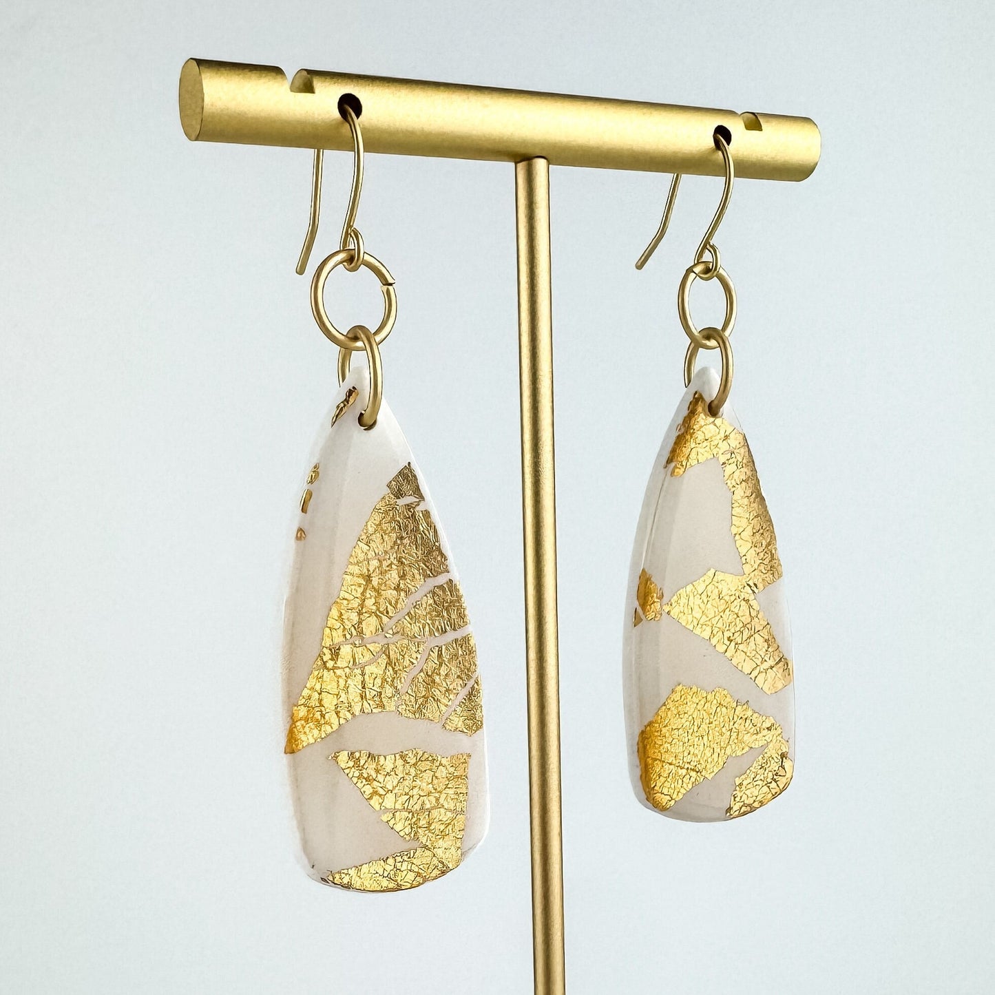 White & Gold Clay Dagger Shape Drop Earring | Textured Clay Dangle Earring | Lightweight Statement Earring | Nickel-free Clay Dangle