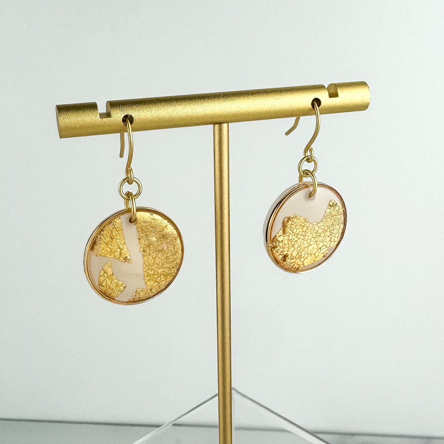White Clay and Gold Leaf Circle Statement Earring, Polymer Clay Drop Earring, Modern Lightweight Clay Earring, Light Shine Jewelry