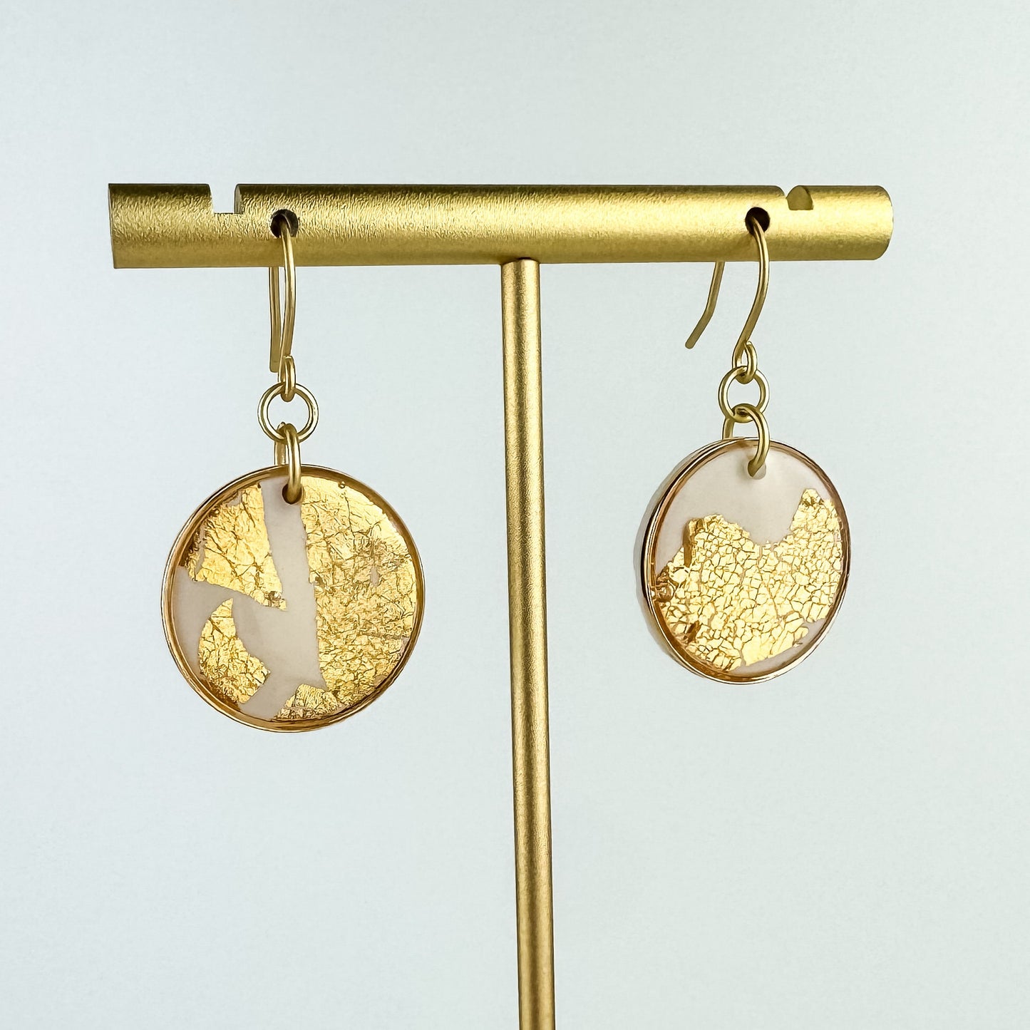 White Clay and Gold Leaf Circle Statement Earring, Polymer Clay Drop Earring, Modern Lightweight Clay Earring, Light Shine Jewelry