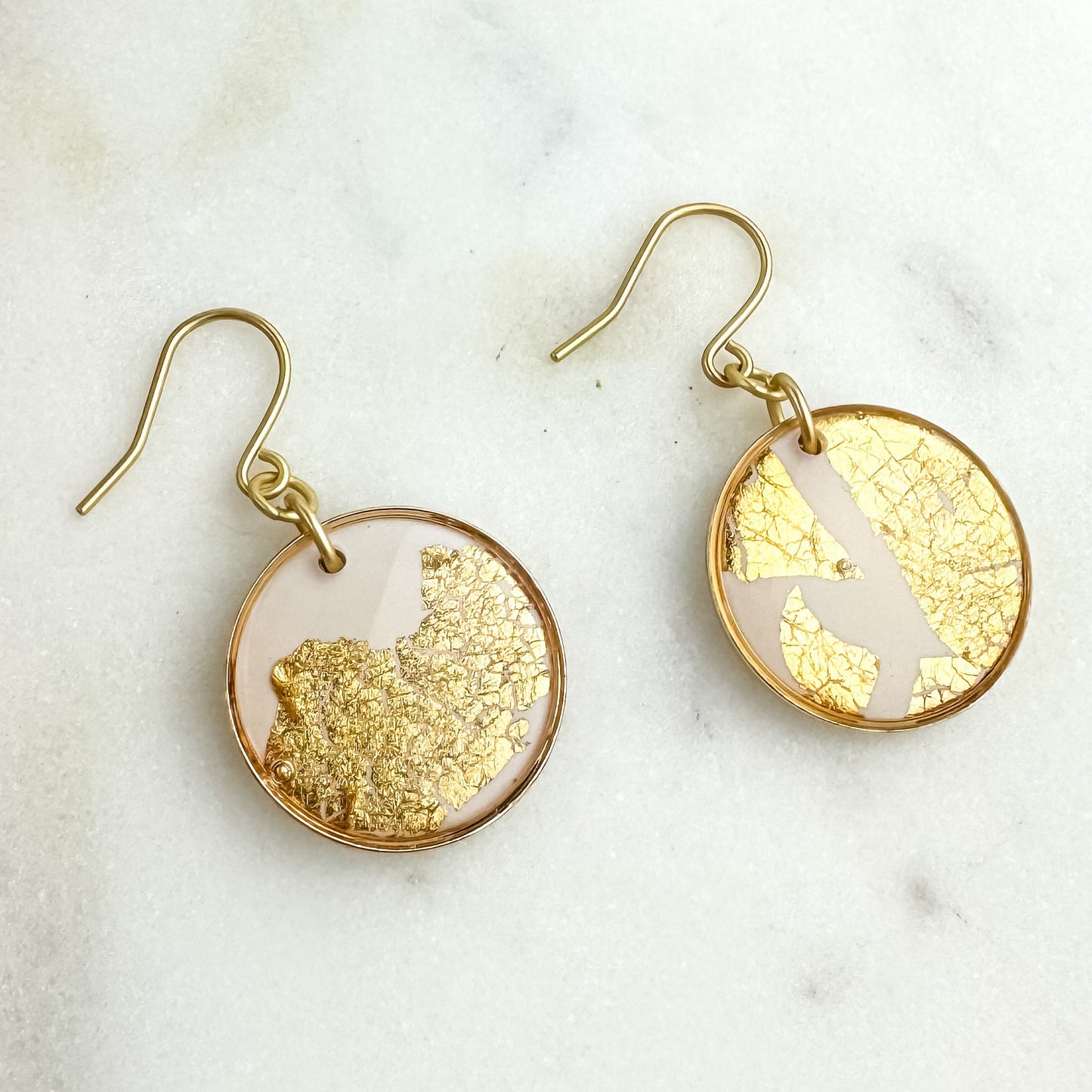 White Clay and Gold Leaf Circle Statement Earring, Polymer Clay Drop Earring, Modern Lightweight Clay Earring, Light Shine Jewelry