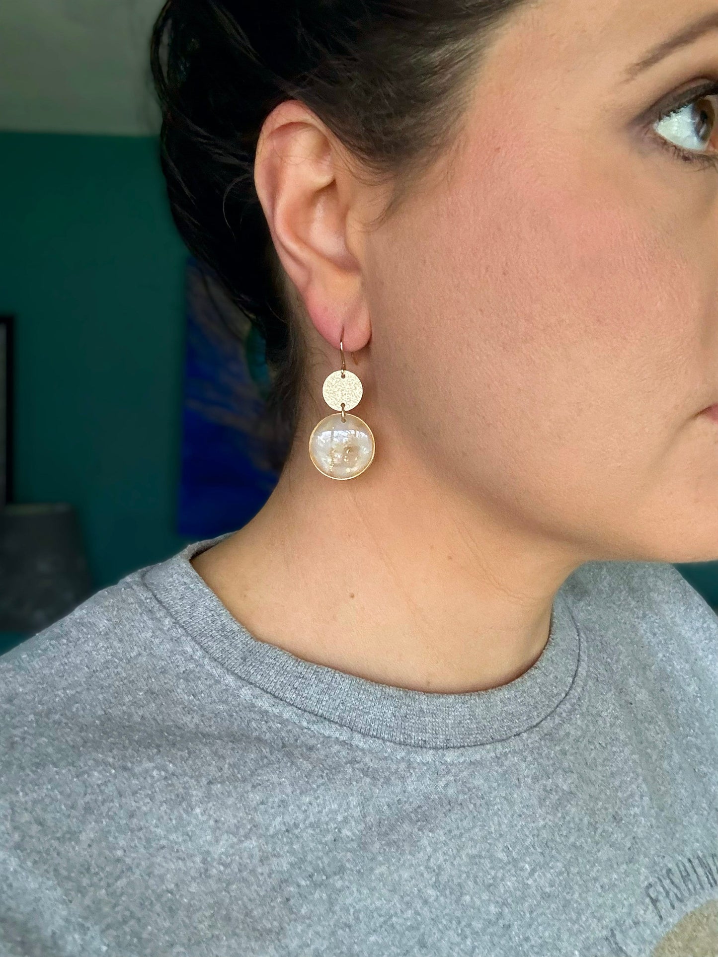 White and Translucent Clay Circle Statement Earring, Solid Brass Accent, Polymer Clay Drop Earring, Light Shine Jewelry