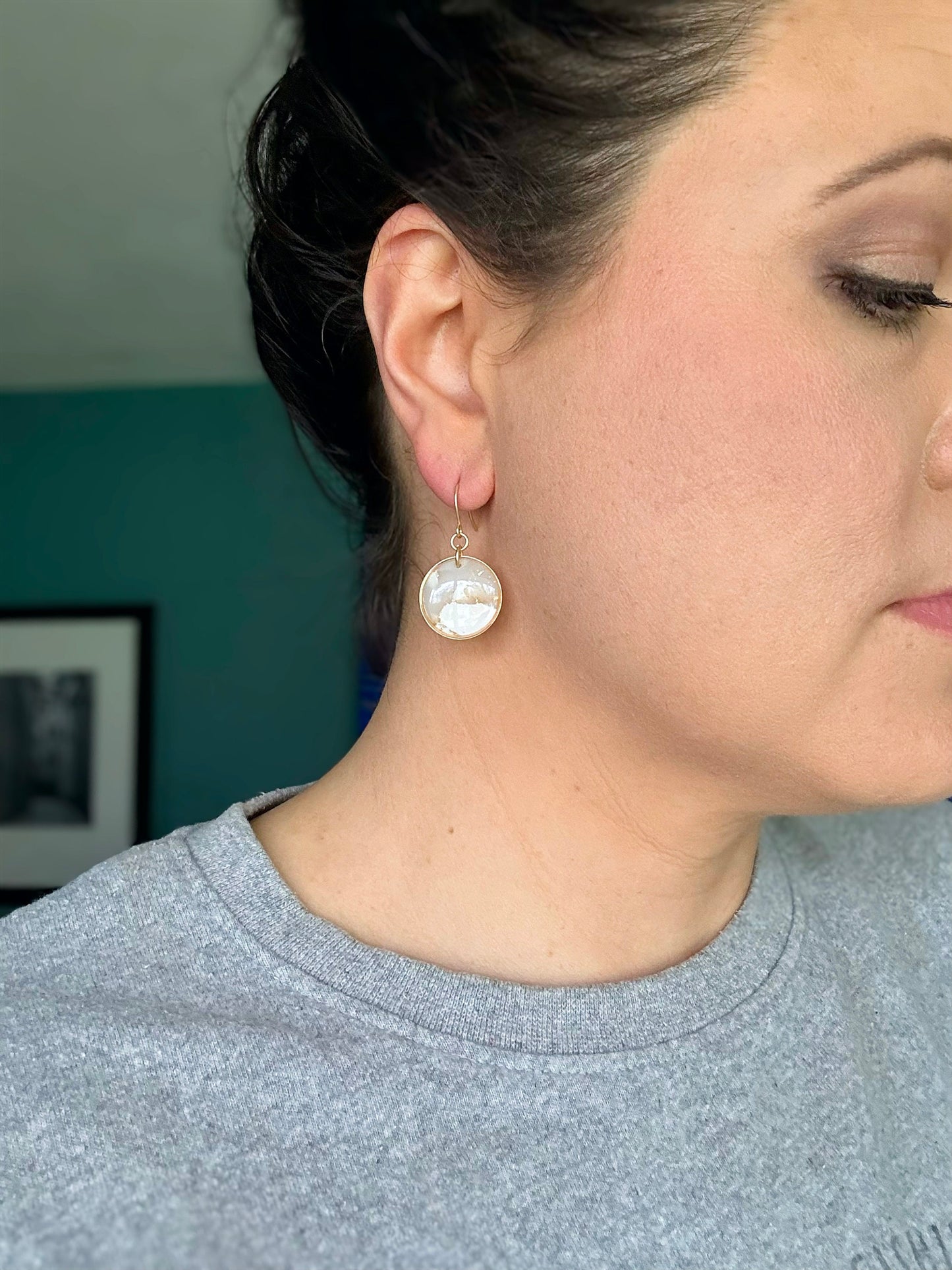 White and Translucent Clay Circle Statement Earring, Solid Brass Accent, Polymer Clay Drop Earring, Light Shine Jewelry | Lightweight Dangle