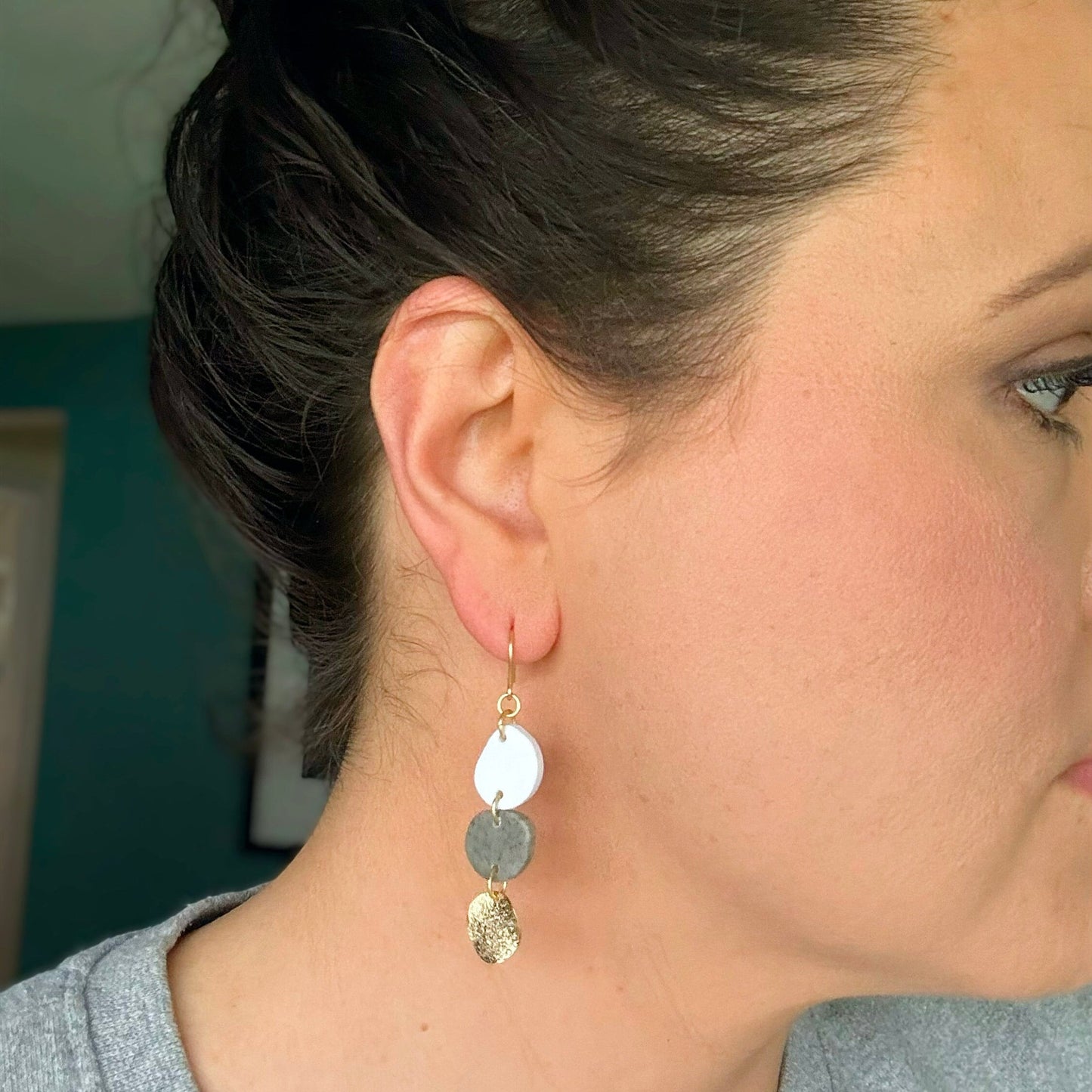 Trinity Earring | Neutral Clay Earring | Gold Dangle Earring | Light Shine Jewelry | Lightweight Everyday Earring | White and Gray Drop