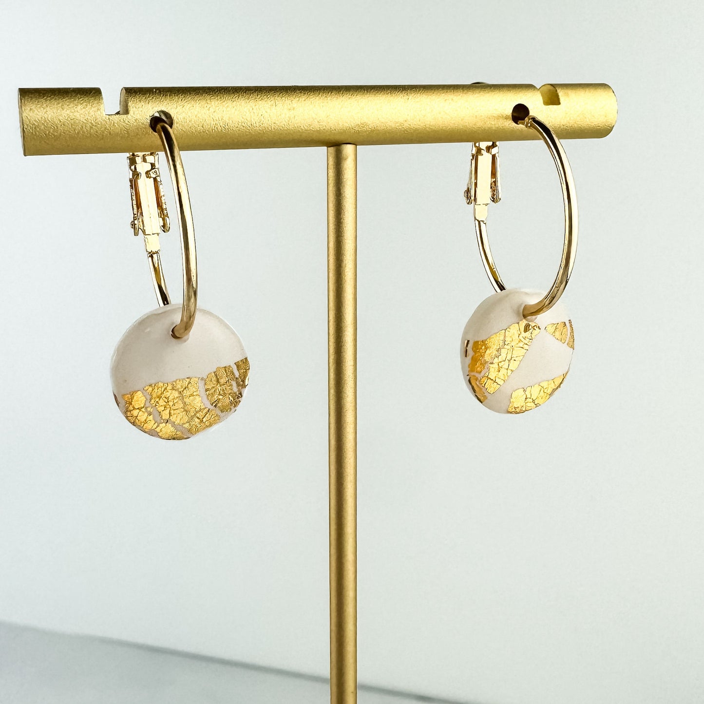 White Clay and Gold Leaf Hoop Earring, Cute Clay Statement Earring, Nickel-Free - Light Shine Jewelry, Leverback Hoop, Small Clay Earring