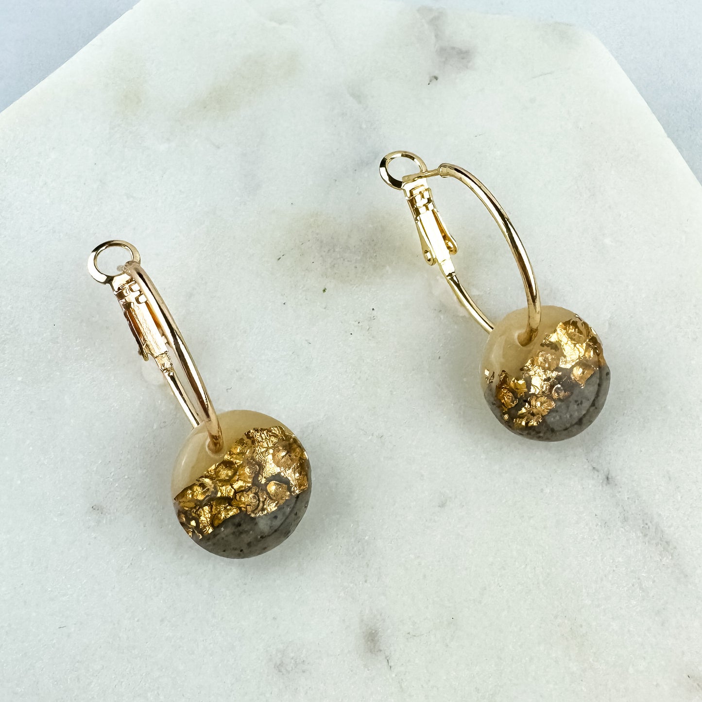 Hammered Gold Leaf and Clay Hoop Earring, Cute Clay Statement Earring, Nickel-Free - Light Shine Jewelry, Leverback Hoop, Small Clay Earring
