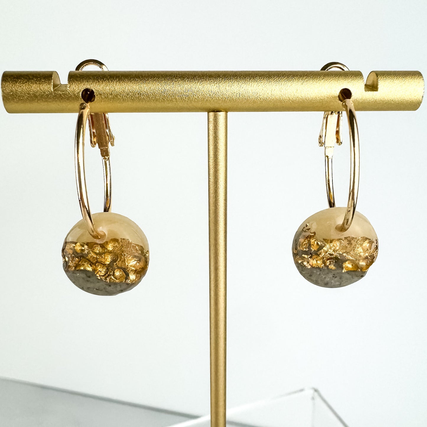 Hammered Gold Leaf and Clay Hoop Earring, Cute Clay Statement Earring, Nickel-Free - Light Shine Jewelry, Leverback Hoop, Small Clay Earring