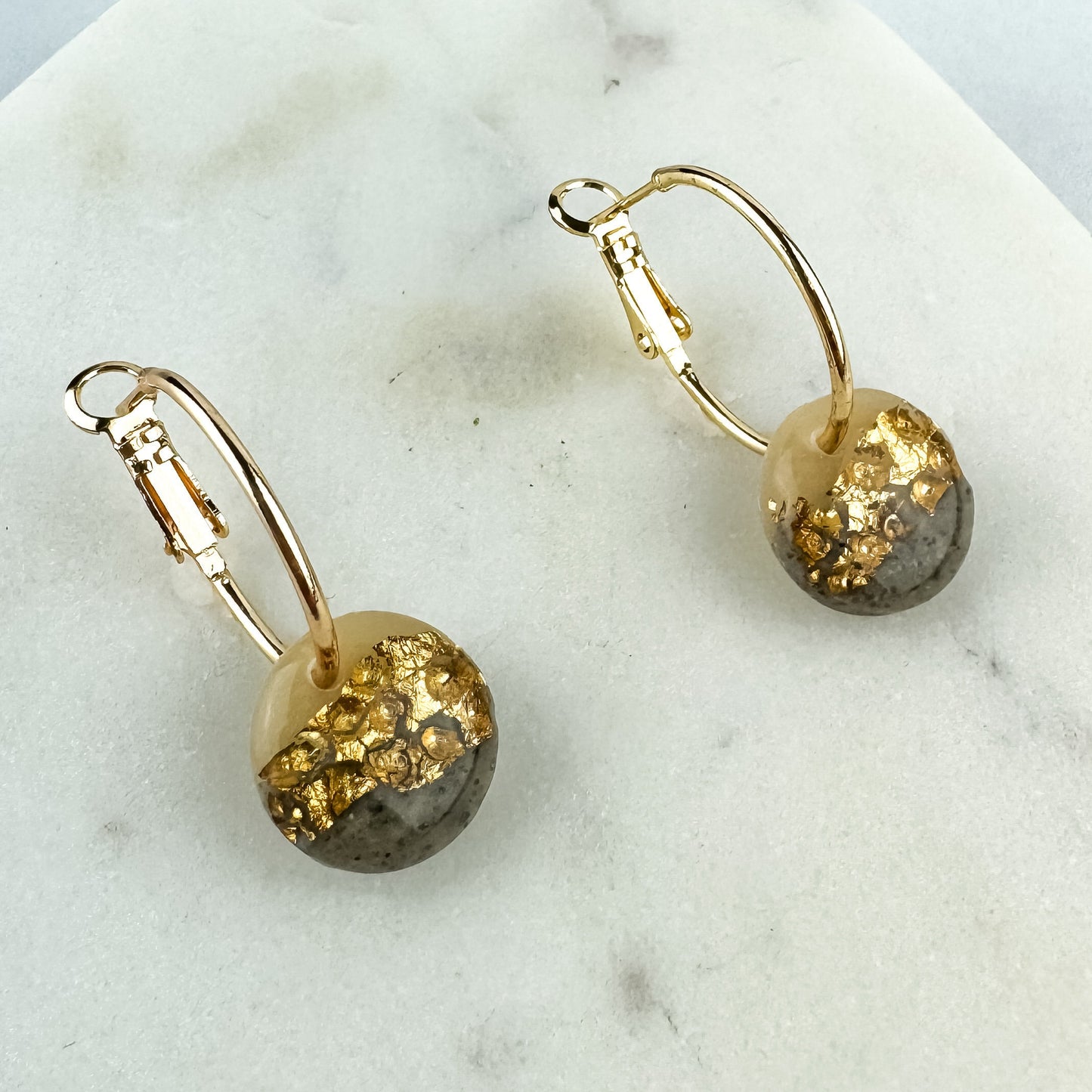 Hammered Gold Leaf and Clay Hoop Earring, Cute Clay Statement Earring, Nickel-Free - Light Shine Jewelry, Leverback Hoop, Small Clay Earring