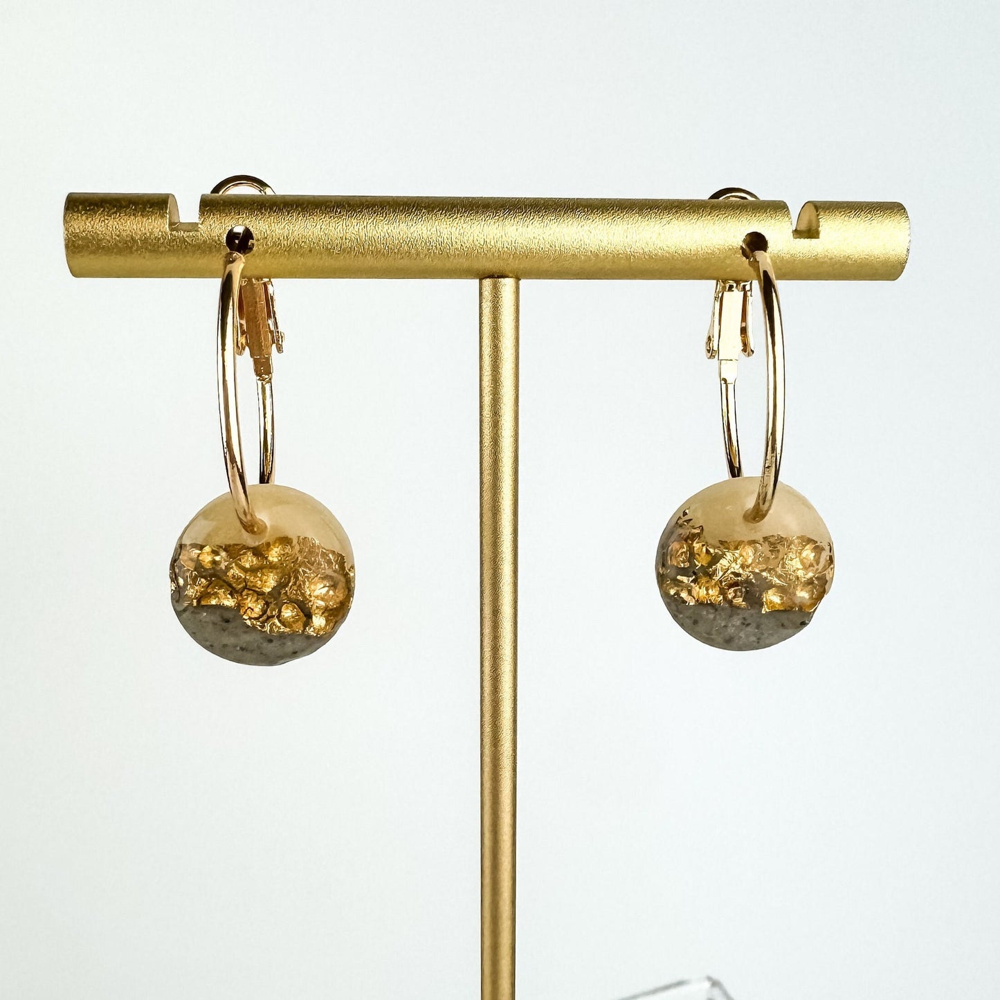 Hammered Gold Leaf and Clay Hoop Earring, Cute Clay Statement Earring, Nickel-Free - Light Shine Jewelry, Leverback Hoop, Small Clay Earring
