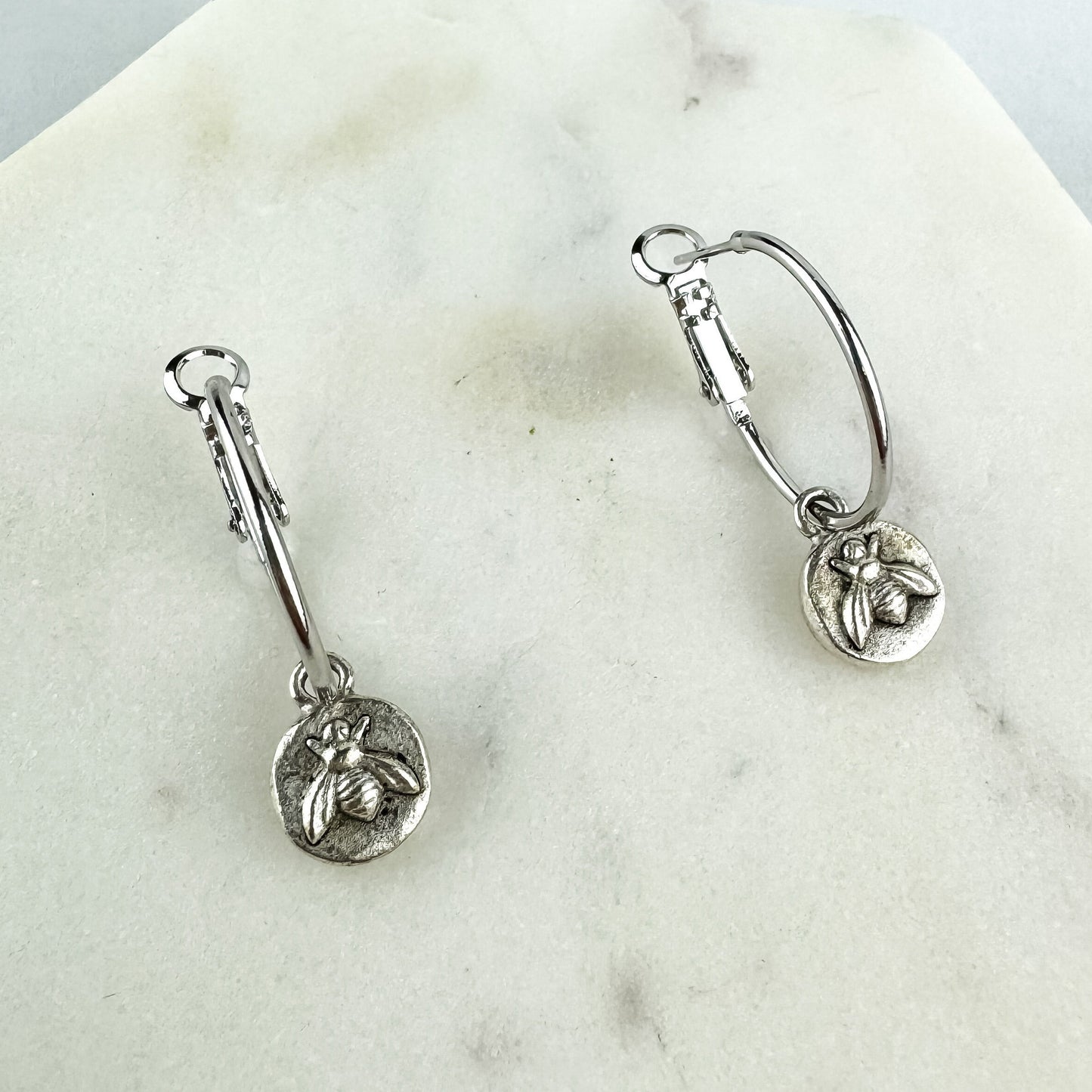 Cute Tiny Bee Earring, Nickel-Free Silver Plated Pewter- Light Shine Jewelry, Lightweight Fun Hoop Earring | Bumble Bee Summer Earring