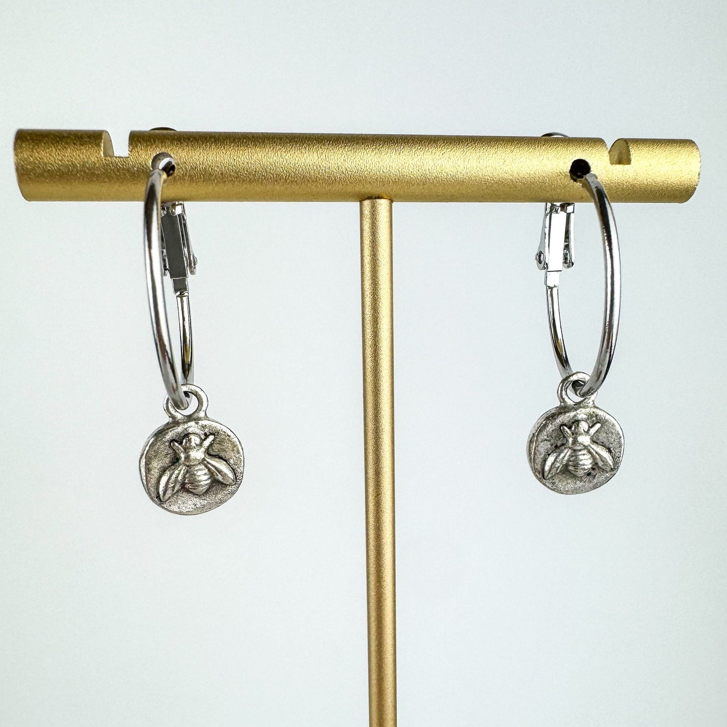 Cute Tiny Bee Earring, Nickel-Free Silver Plated Pewter- Light Shine Jewelry, Lightweight Fun Hoop Earring | Bumble Bee Summer Earring