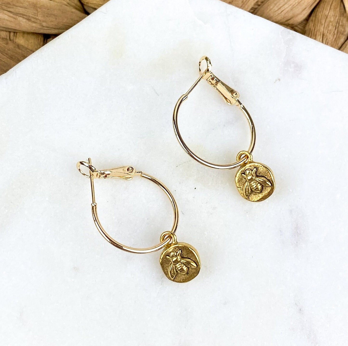 Cute Tiny Bee Earring, Nickel-Free Gold Plated Brass- Light Shine Jewelry, Lightweight Fun Hoop Earring | Bumble Bee Summer Earring