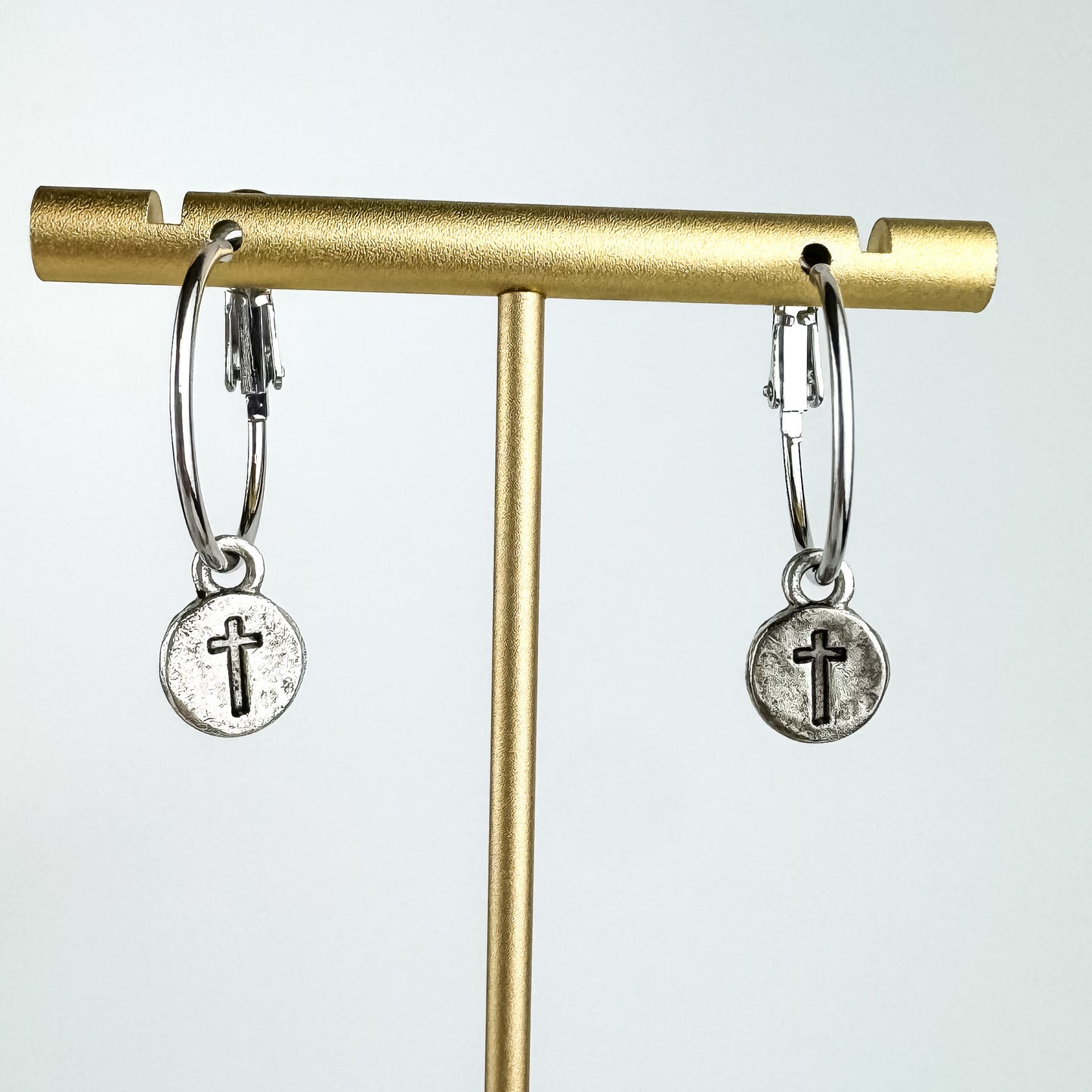 Cute Tiny Cross Earring, Nickel-Free Silver Plated Pewter- Light Shine Jewelry, Lightweight Fun Hoop Earring | Summer Christian Drop
