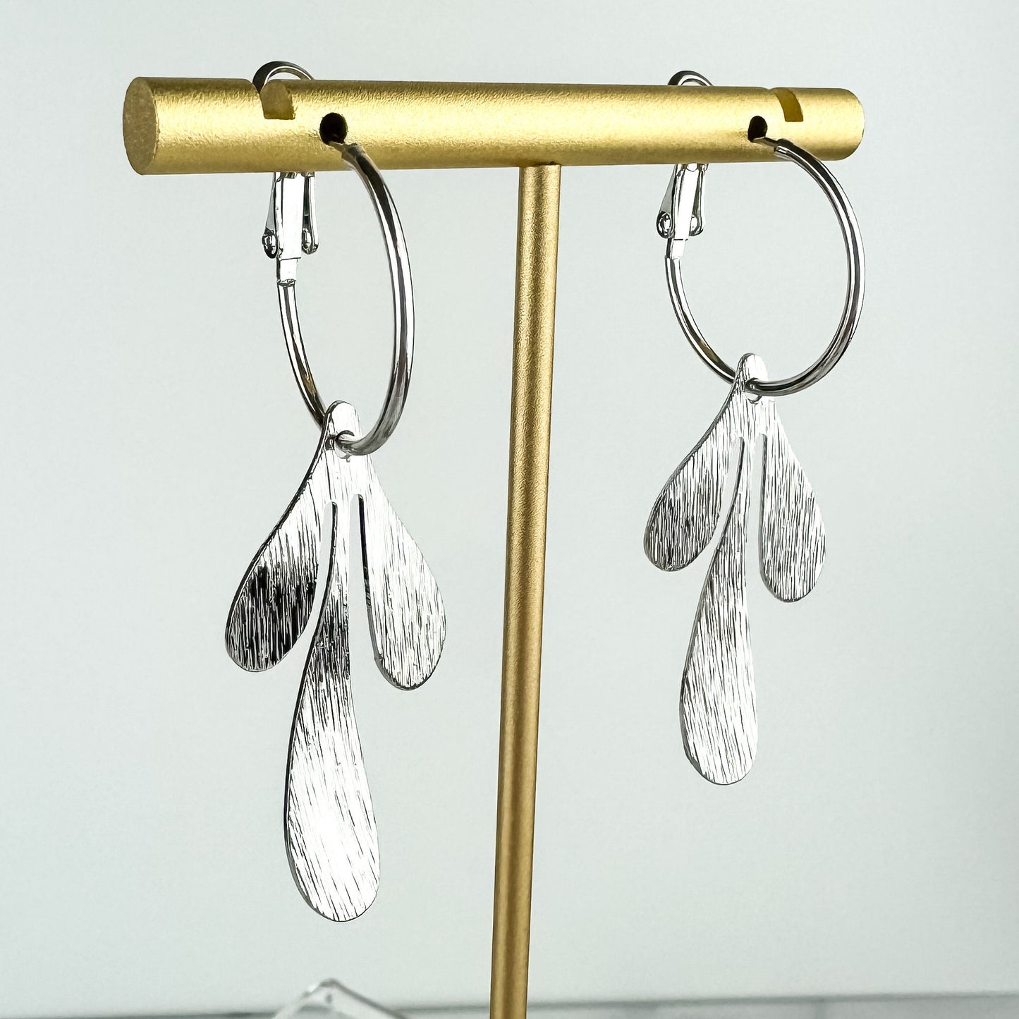 Cute Leaf Earring, Nickel-Free Rhodium (Silver) Plated Brass | Lightweight Earring | Leverback Hoop | Brushed Silver Abstract Leaf Earring