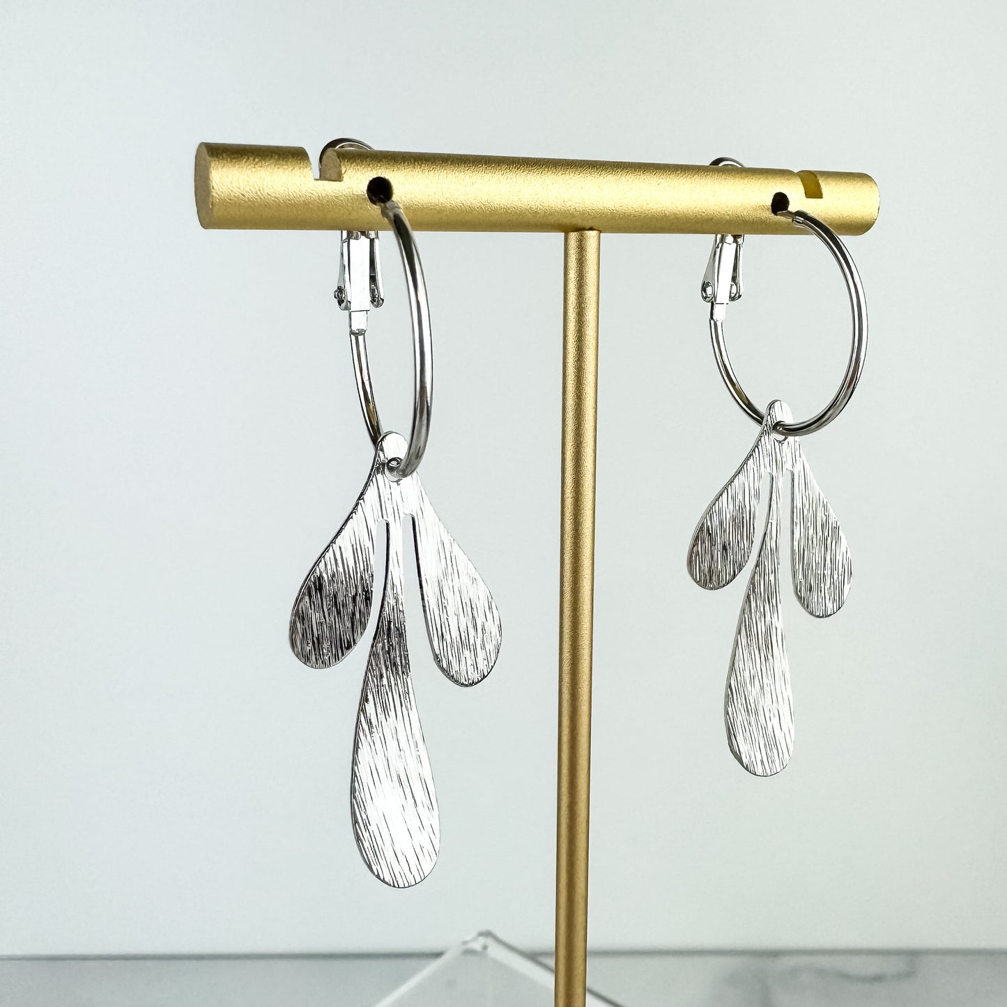 Cute Leaf Earring, Nickel-Free Rhodium (Silver) Plated Brass | Lightweight Earring | Leverback Hoop | Brushed Silver Abstract Leaf Earring