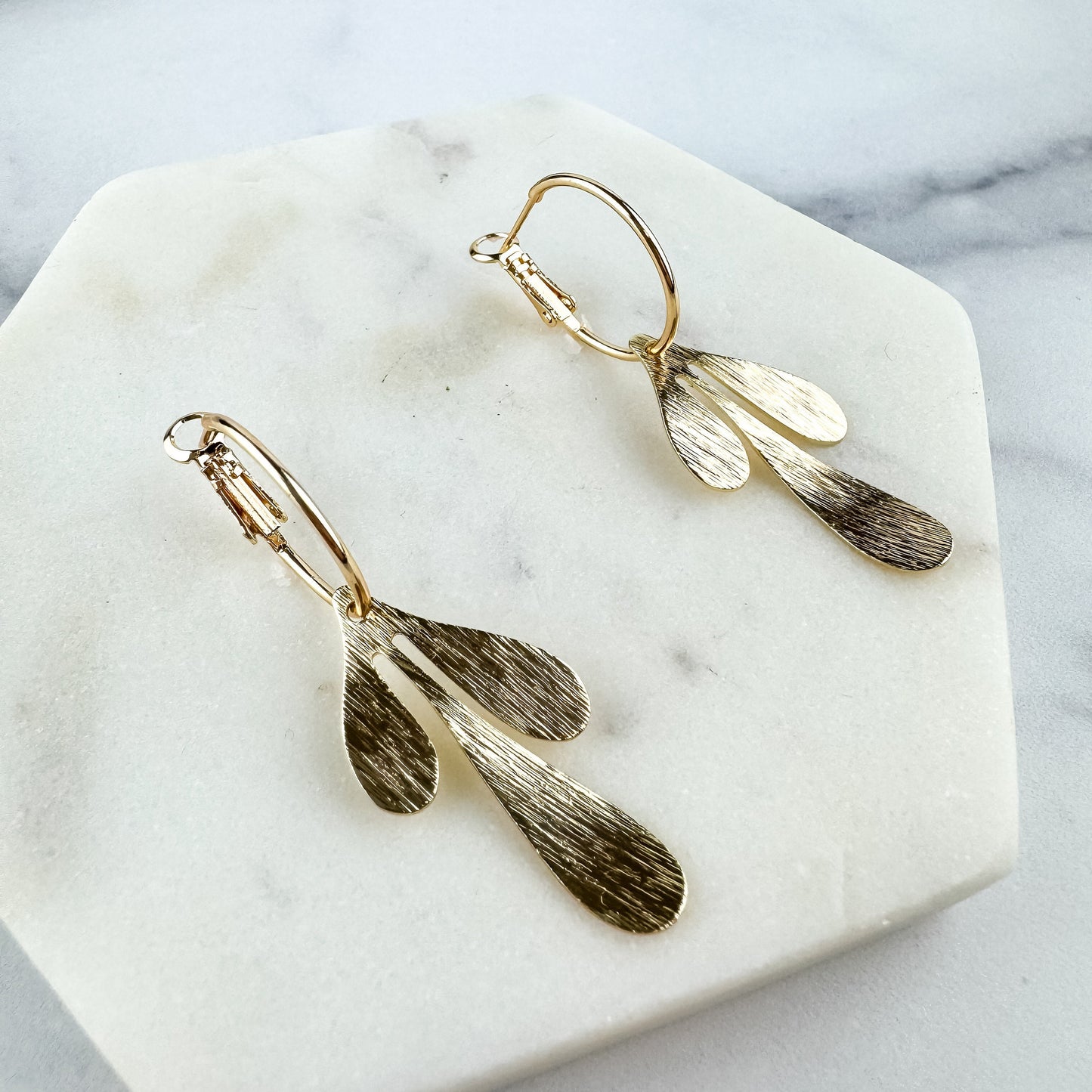 Cute Leaf Earring, Nickel-Free Gold Plated Brass | Lightweight Fun Hoop Earring | Leverback Hoop | Brushed Metal Abstract Leaf Earring