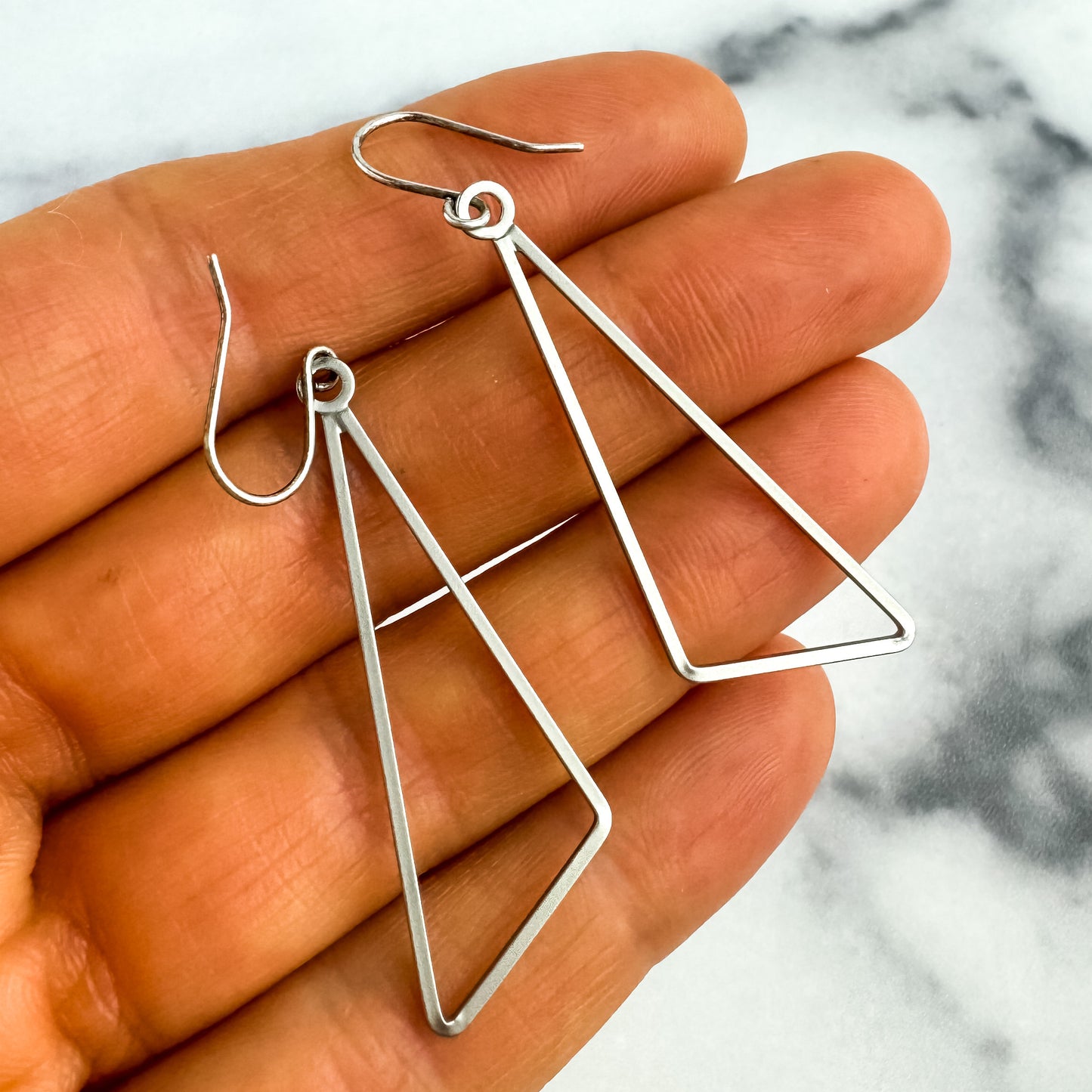 Classic Everyday Earring, Nickel-Free Satin Silver Plated Brass | Lightweight Geometric Silver Drop Earring | Satin Silver Triangle Dangle |