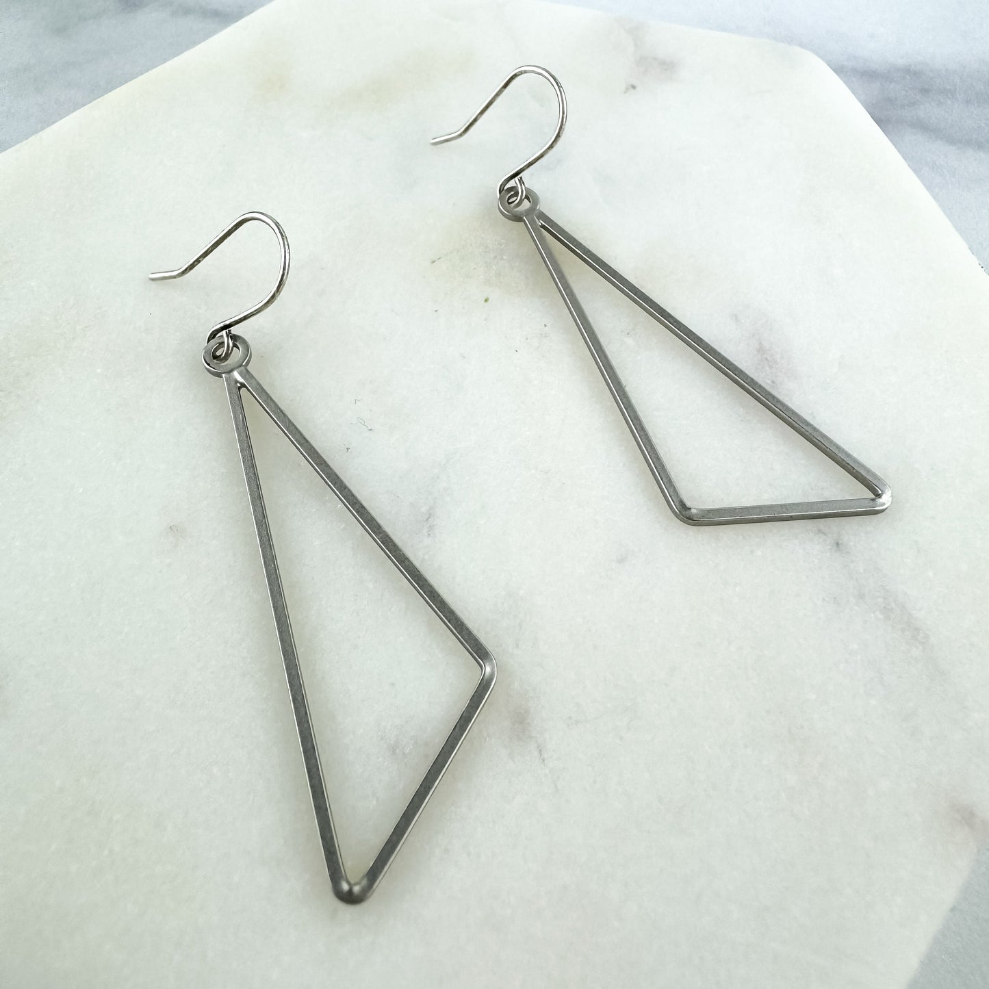 Classic Everyday Earring, Nickel-Free Satin Silver Plated Brass | Lightweight Geometric Silver Drop Earring | Satin Silver Triangle Dangle |