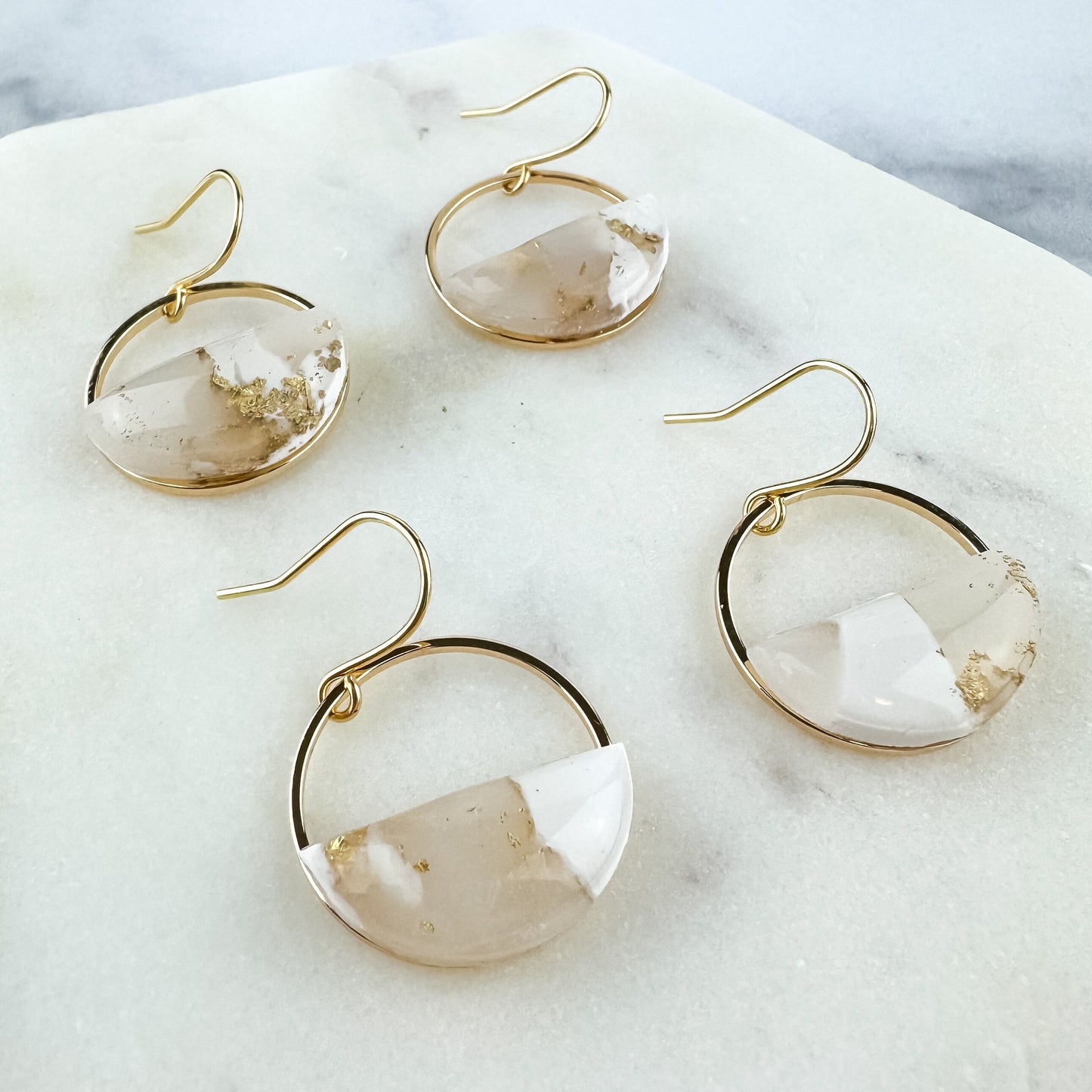 White and Translucent Clay Circle Statement Earring, Polymer Clay Drop Earring, Light Shine Jewelry | Lightweight Dangle