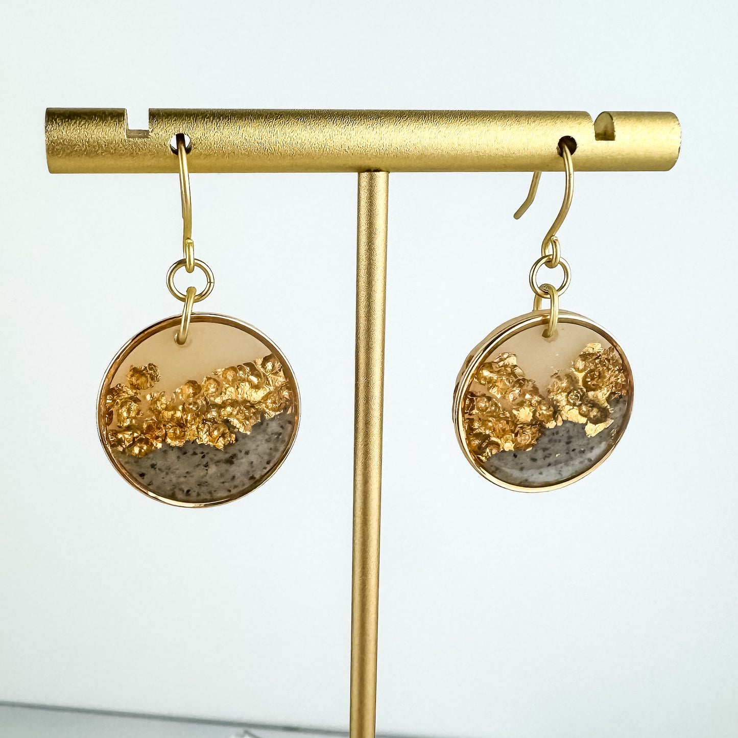 Gray & Neutral, Hammered Gold Look Clay Lynda Circle Shape Drop Earring | Textured Clay Dangle Earring | Lightweight Statement Earring
