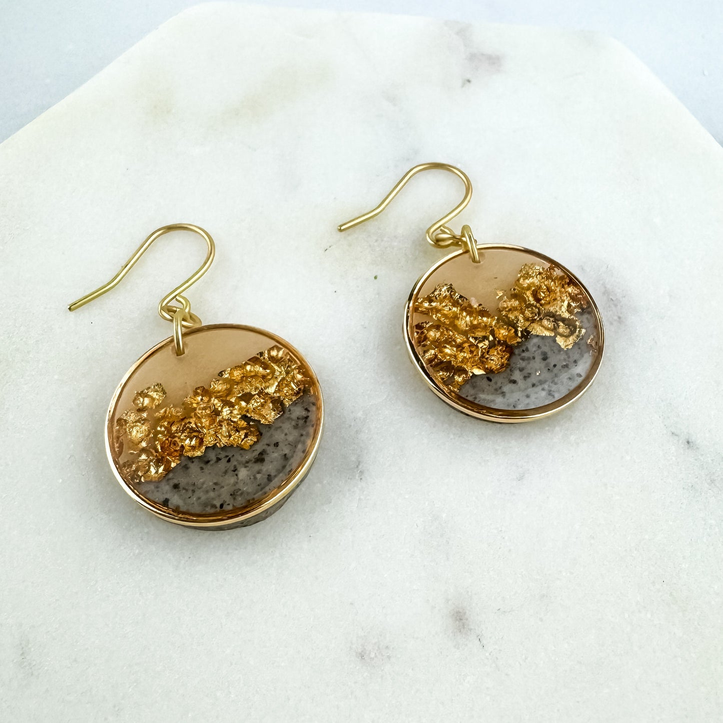 Gray & Neutral, Hammered Gold Look Clay Lynda Circle Shape Drop Earring | Textured Clay Dangle Earring | Lightweight Statement Earring
