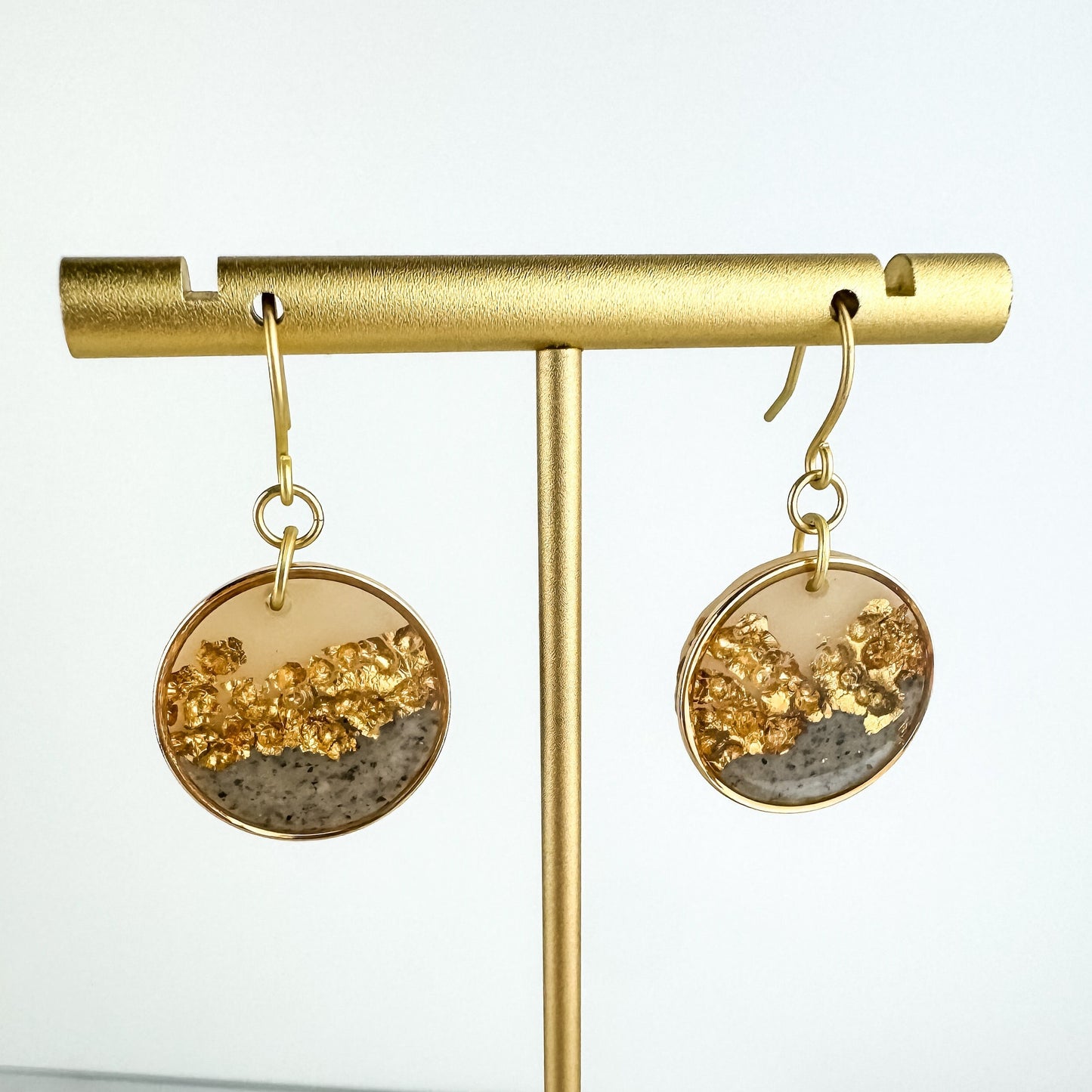 Gray & Neutral, Hammered Gold Look Clay Lynda Circle Shape Drop Earring | Textured Clay Dangle Earring | Lightweight Statement Earring