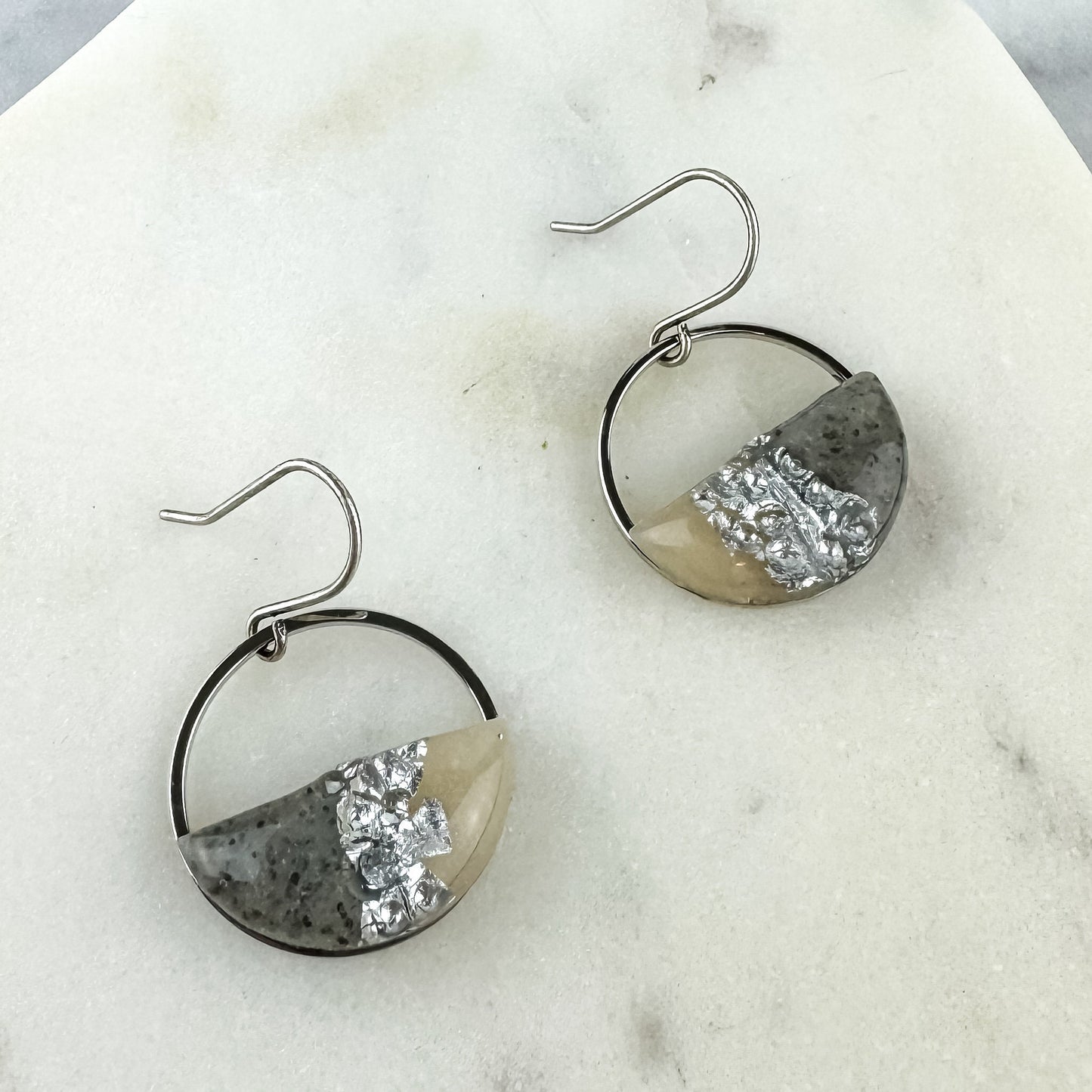 Silver Hammered Gray & Translucent Clay Circle Statement Earring, Polymer Clay Drop Earring, Light Shine Jewelry | Lightweight Dangle
