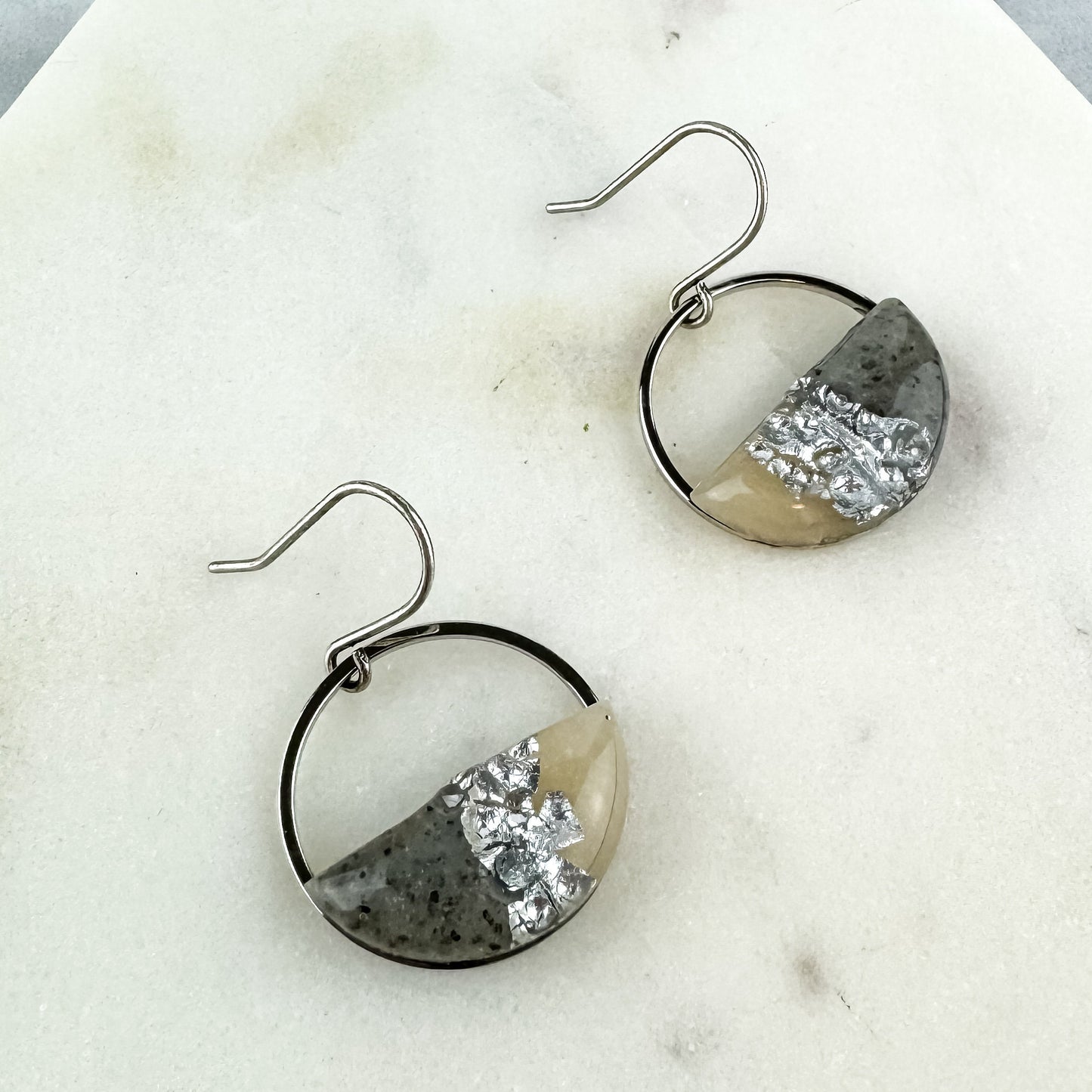 Silver Hammered Gray & Translucent Clay Circle Statement Earring, Polymer Clay Drop Earring, Light Shine Jewelry | Lightweight Dangle