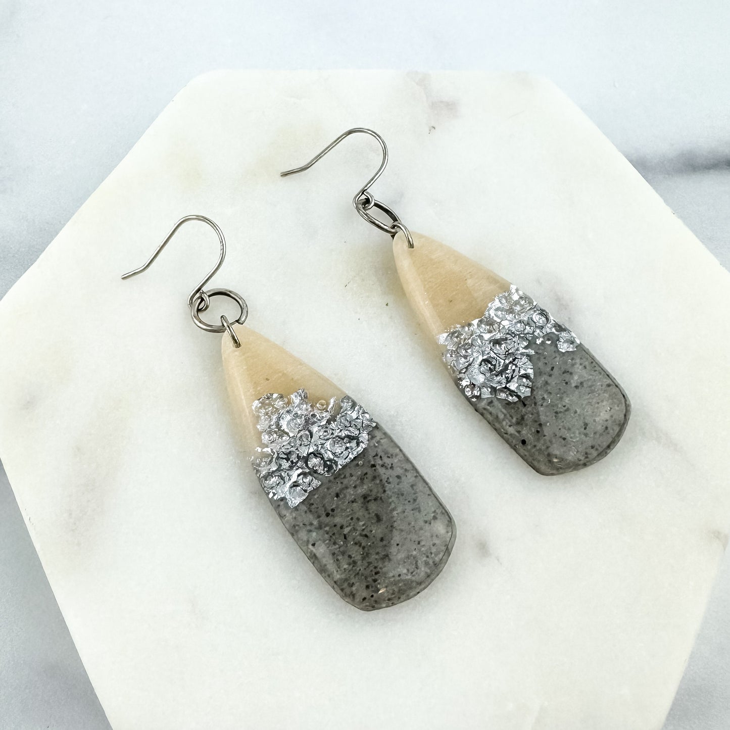 Gray & Neutral, Hammered Silver Look Clay Dagger Shape Drop Earring | Textured Clay Dangle Earring | Lightweight Statement Clay Earring