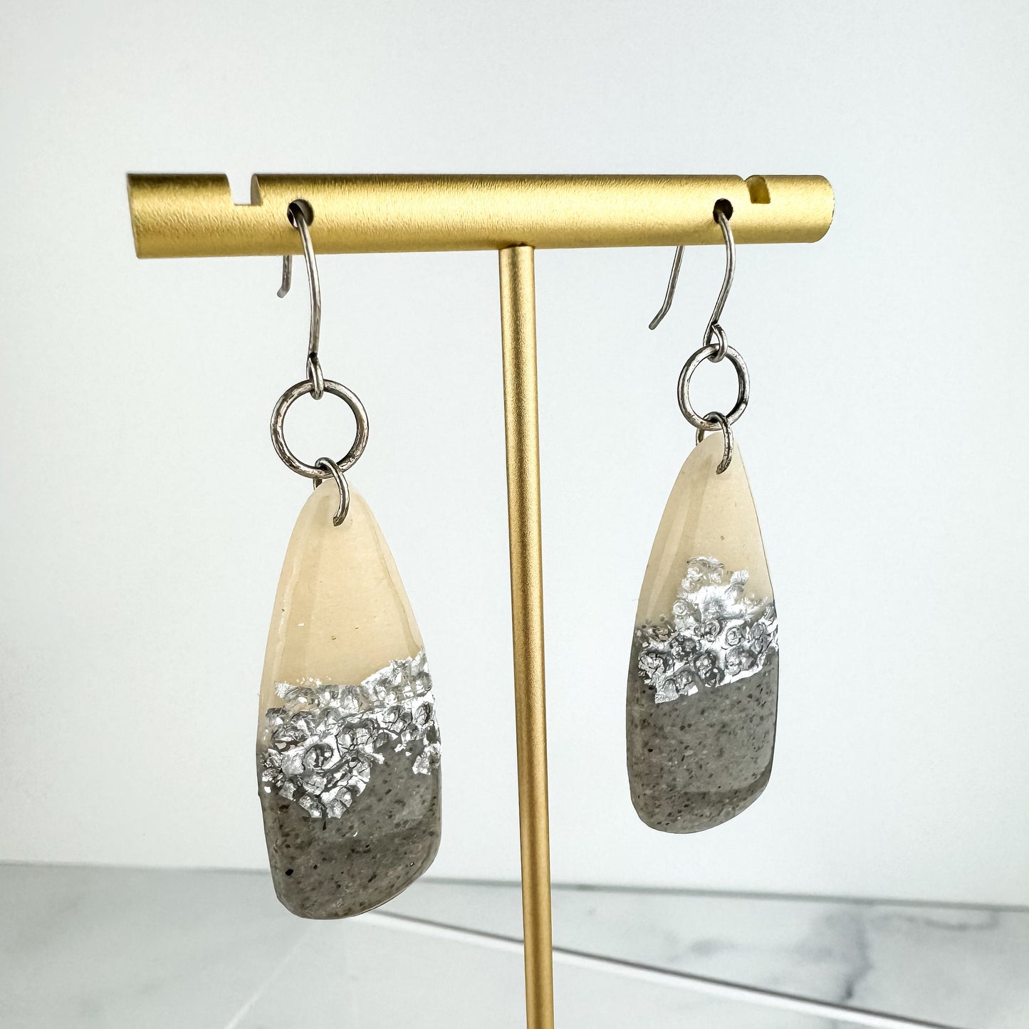 Gray & Neutral, Hammered Silver Look Clay Dagger Shape Drop Earring | Textured Clay Dangle Earring | Lightweight Statement Clay Earring