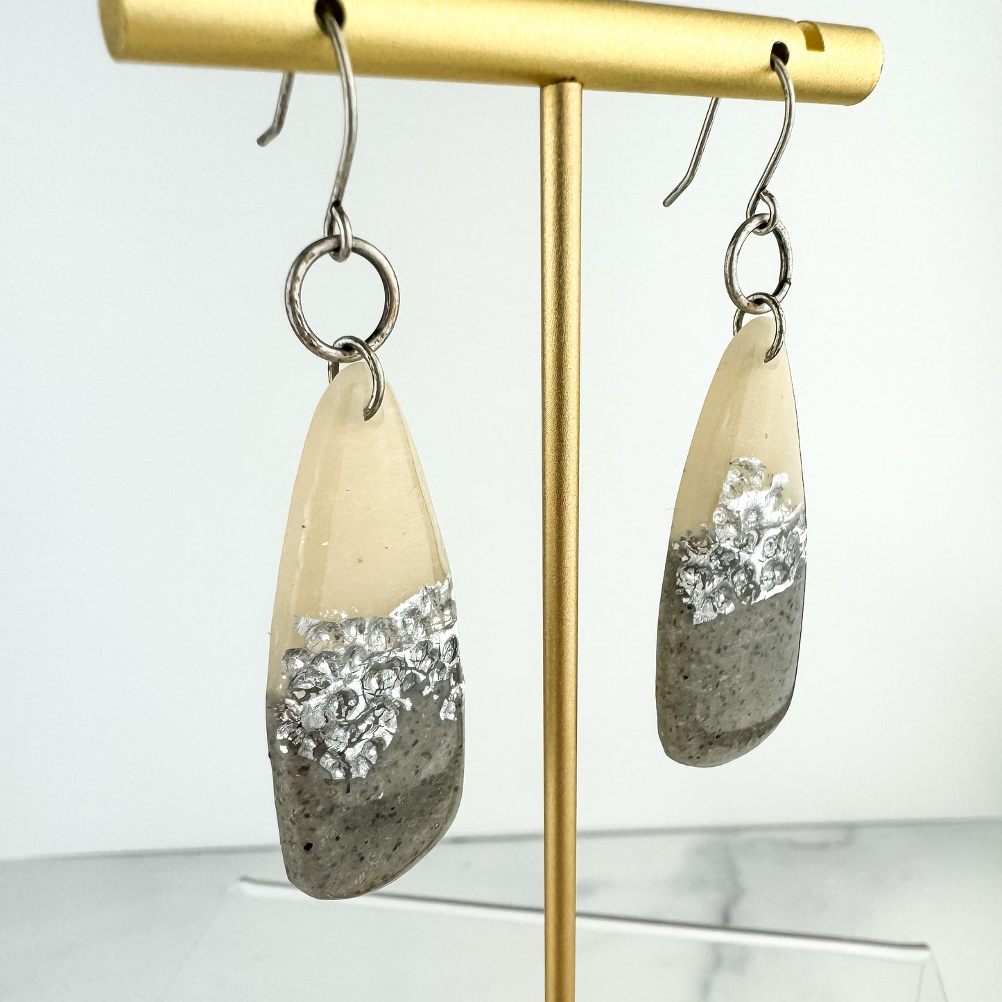 Gray & Neutral, Hammered Silver Look Clay Dagger Shape Drop Earring | Textured Clay Dangle Earring | Lightweight Statement Clay Earring