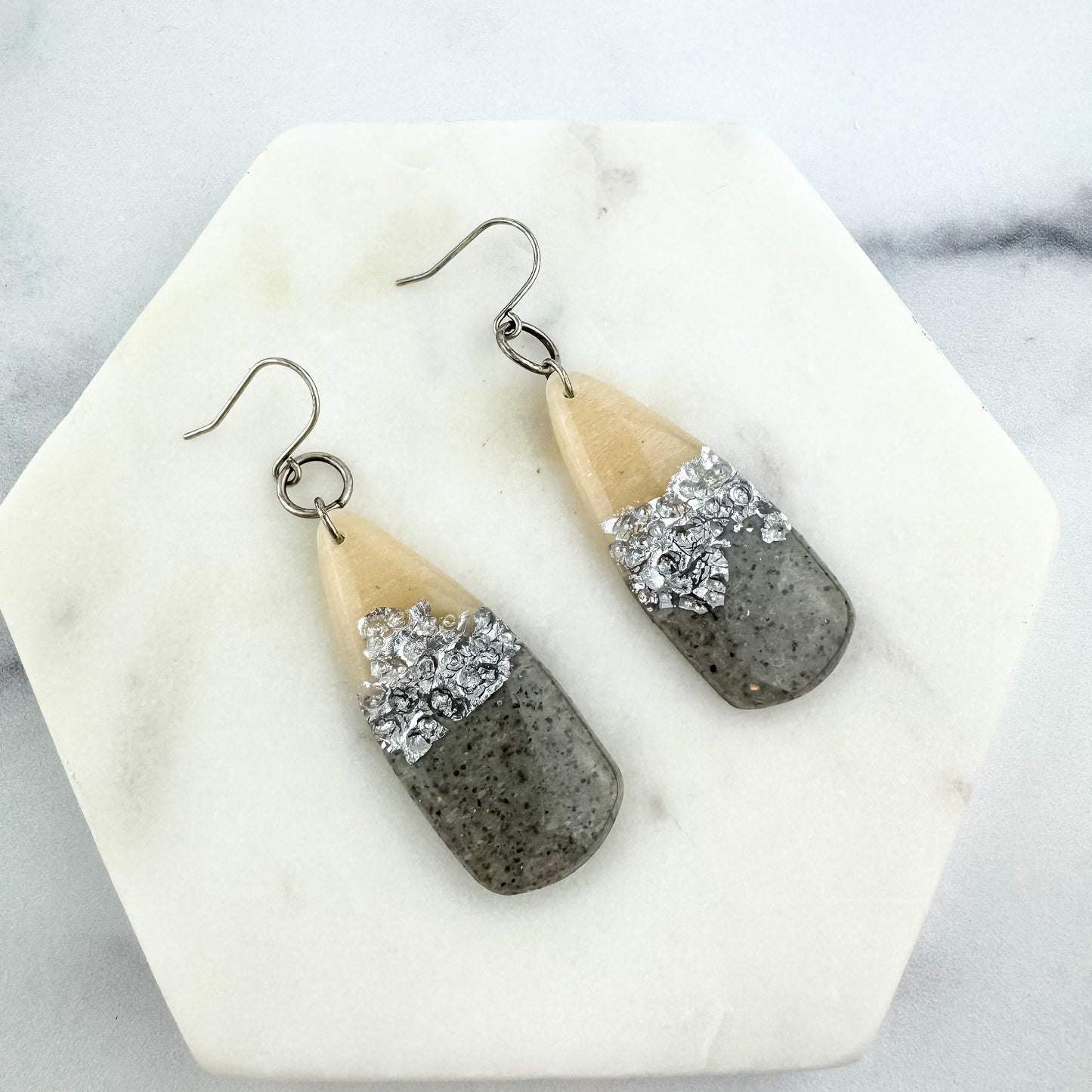 Gray & Neutral, Hammered Silver Look Clay Dagger Shape Drop Earring | Textured Clay Dangle Earring | Lightweight Statement Clay Earring