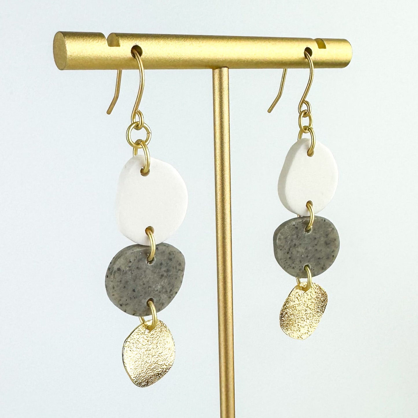 Trinity Earring | Neutral Clay Earring | Gold Dangle Earring | Light Shine Jewelry | Lightweight Everyday Earring | White and Gray Drop