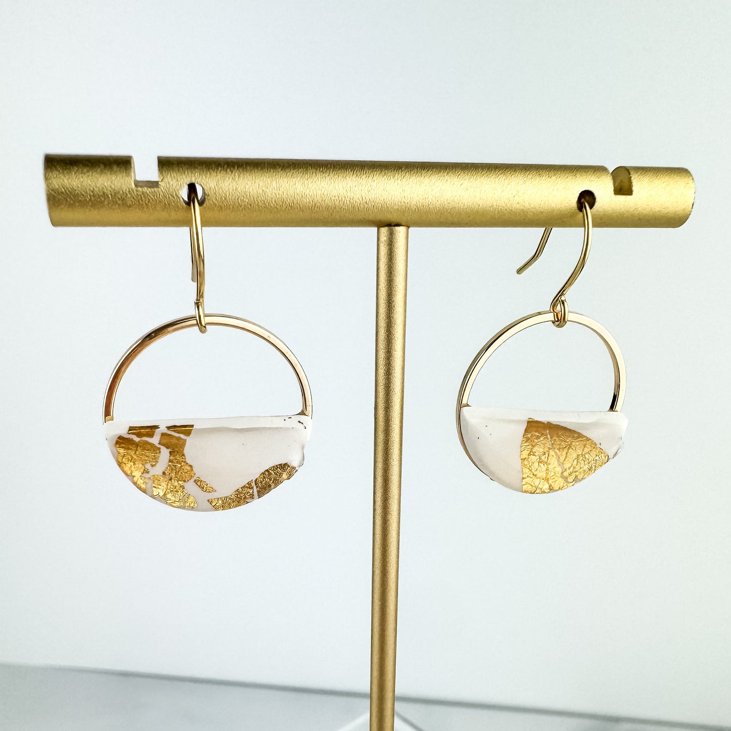 Half Circle Clay Statement Earring, White and Gold Leaf Clay Drop Earring, Modern Lightweight Clay Earring, Light Shine Jewelry
