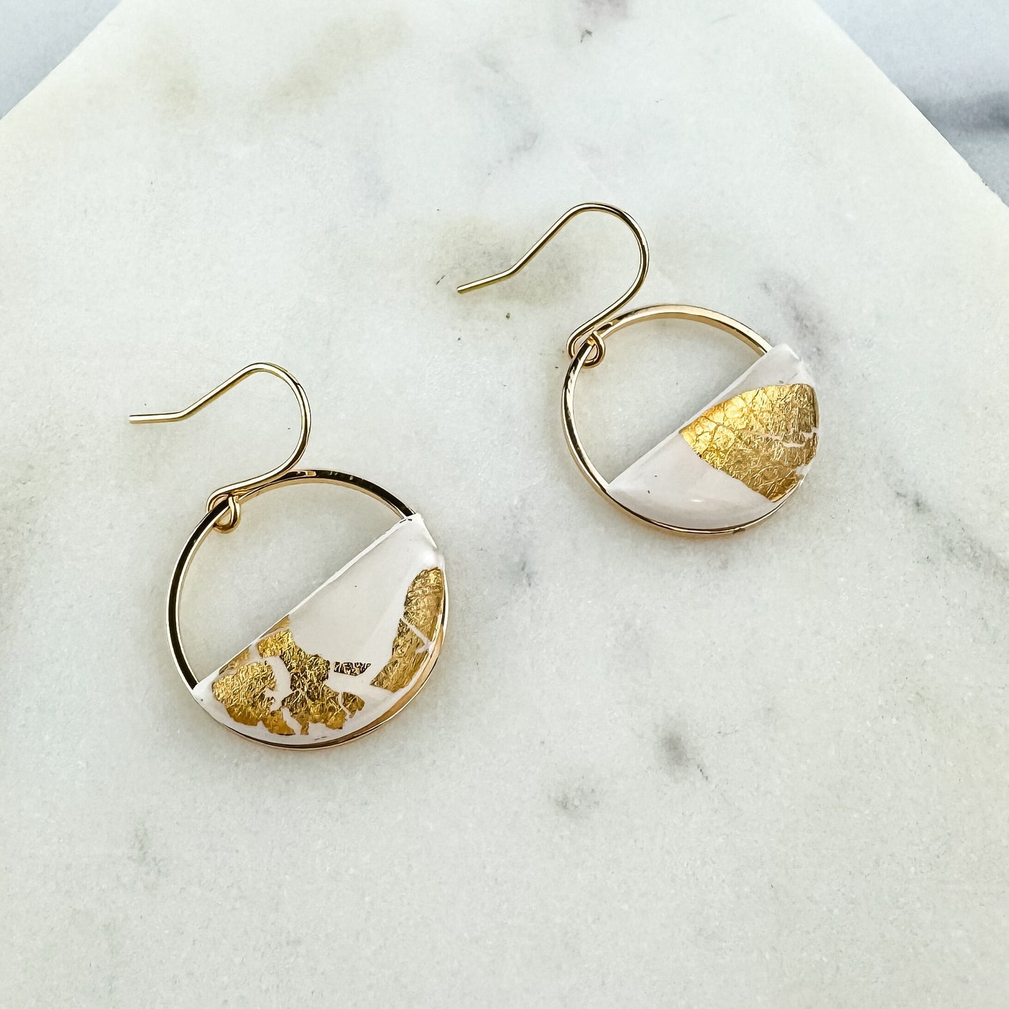 Half Circle Clay Statement Earring, White and Gold Leaf Clay Drop Earring, Modern Lightweight Clay Earring, Light Shine Jewelry