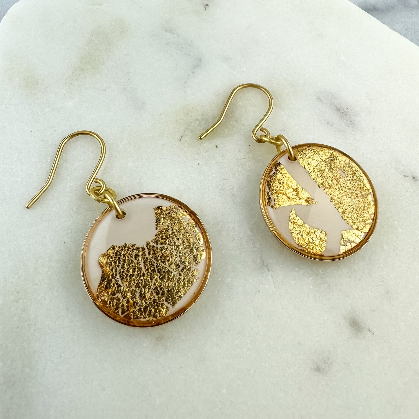 White Clay and Gold Leaf Circle Statement Earring, Polymer Clay Drop Earring, Modern Lightweight Clay Earring, Light Shine Jewelry