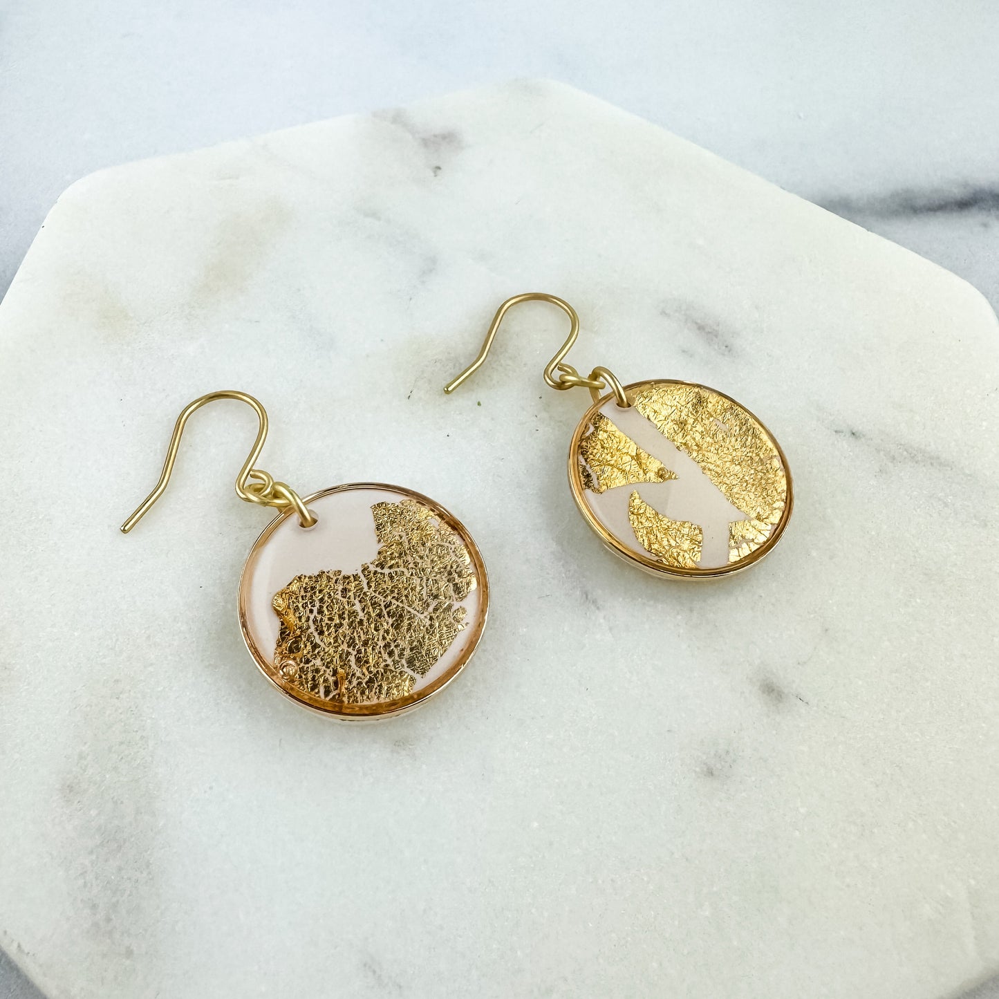 White Clay and Gold Leaf Circle Statement Earring, Polymer Clay Drop Earring, Modern Lightweight Clay Earring, Light Shine Jewelry