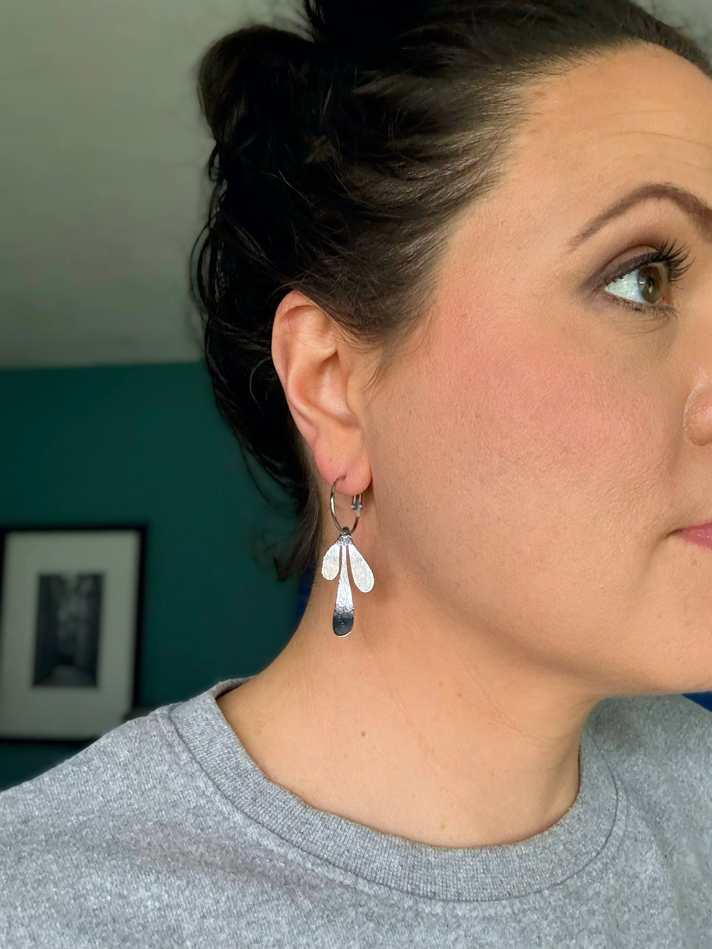 Cute Leaf Earring, Nickel-Free Rhodium (Silver) Plated Brass | Lightweight Earring | Leverback Hoop | Brushed Silver Abstract Leaf Earring
