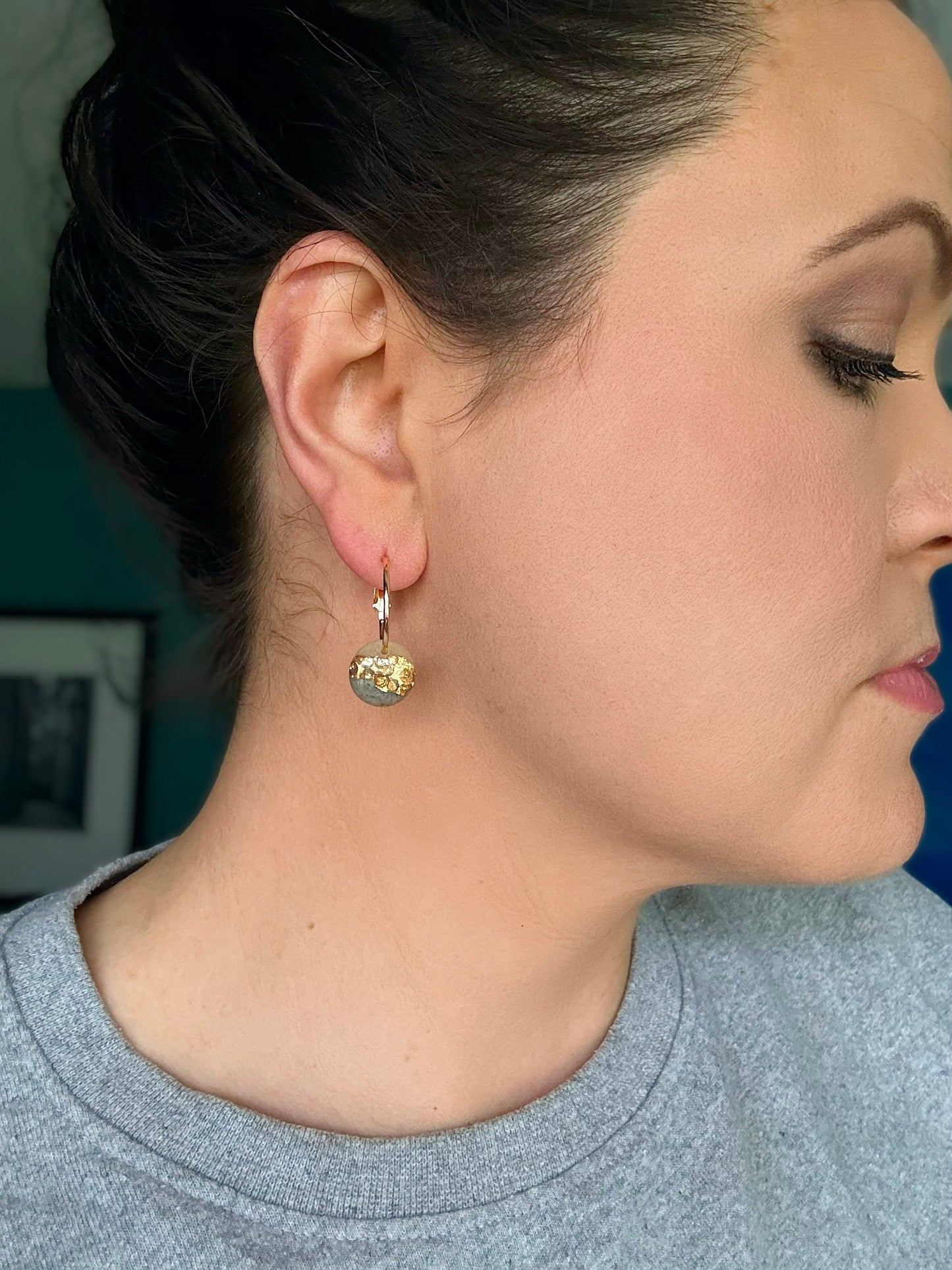 Hammered Gold Leaf and Clay Hoop Earring, Cute Clay Statement Earring, Nickel-Free - Light Shine Jewelry, Leverback Hoop, Small Clay Earring