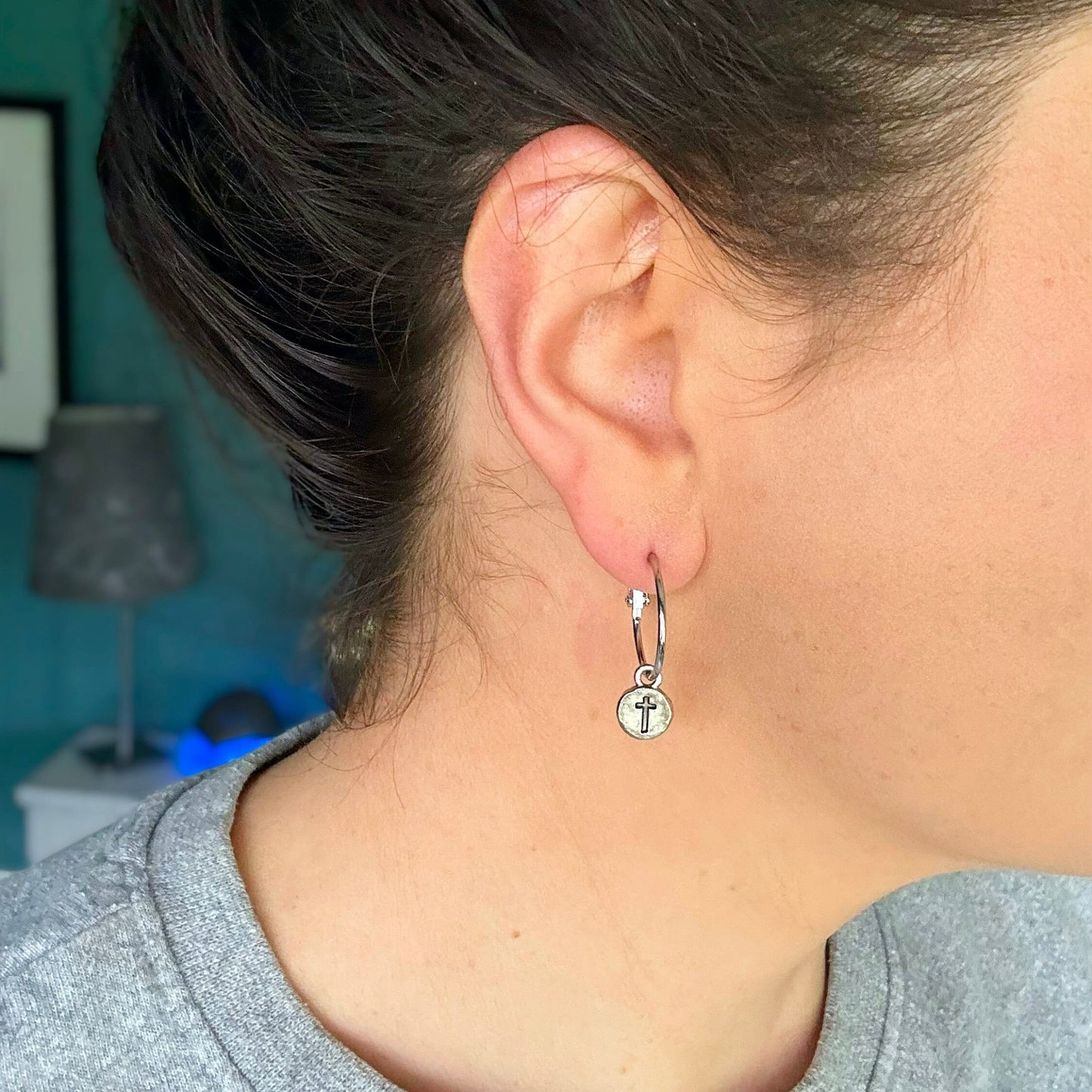 Cute Tiny Cross Earring, Nickel-Free Silver Plated Pewter- Light Shine Jewelry, Lightweight Fun Hoop Earring | Summer Christian Drop