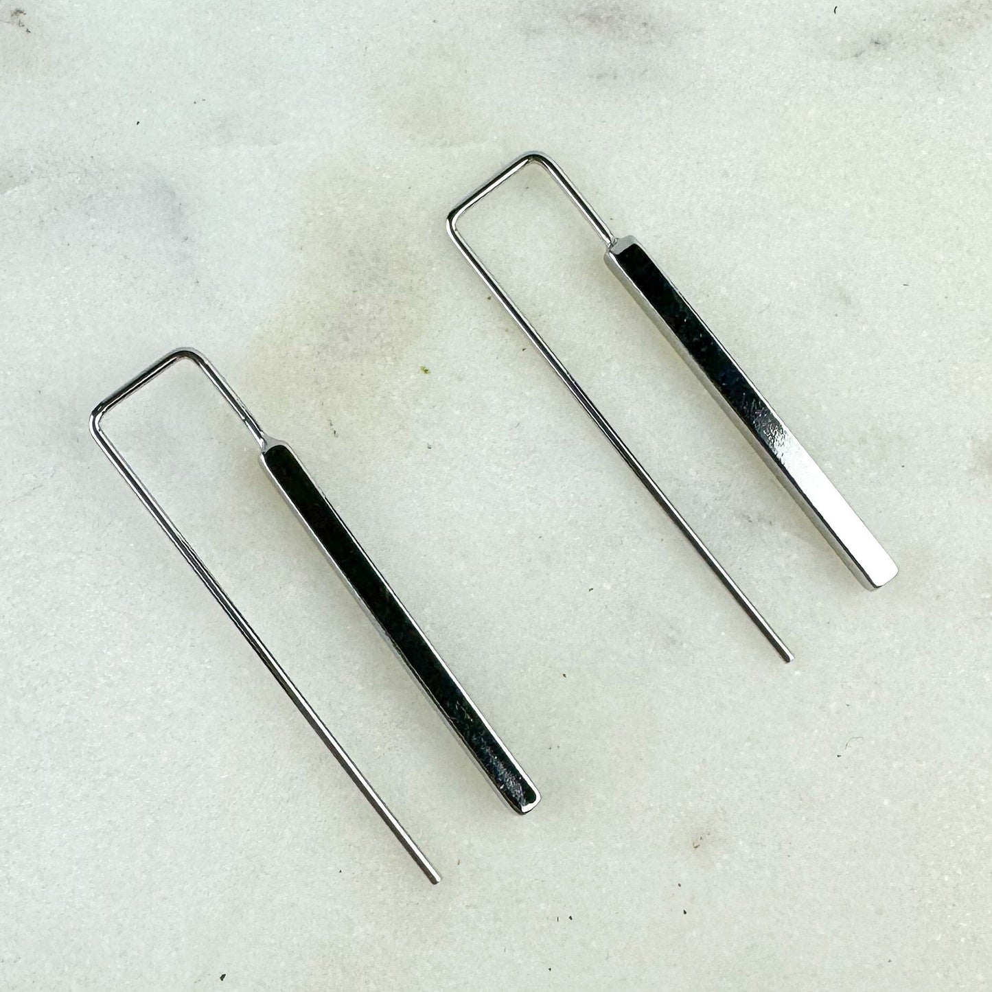 Geometric Silver Stick Drop Earring, Nickel-Free Silver Plated Brass | Lightweight Silver Long Dangle Earring