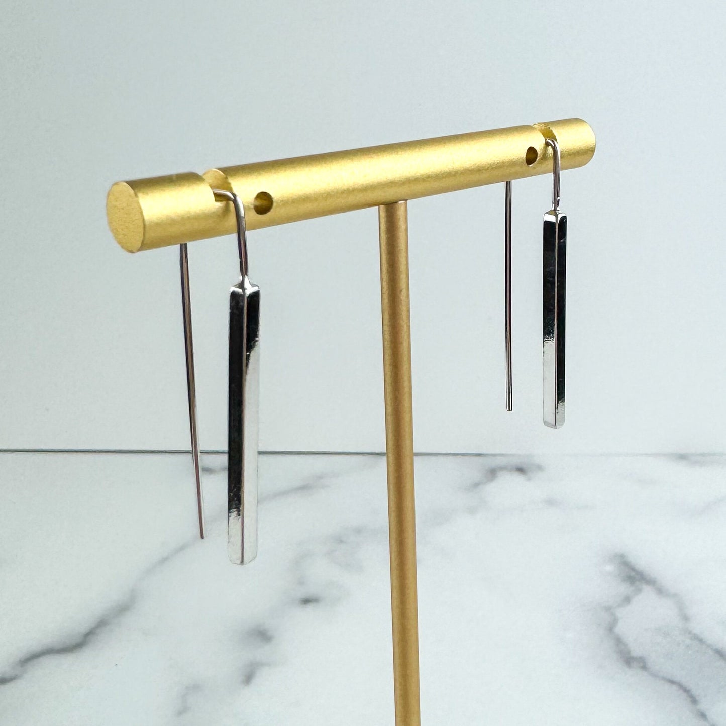 Geometric Silver Stick Drop Earring, Nickel-Free Silver Plated Brass | Lightweight Silver Long Dangle Earring